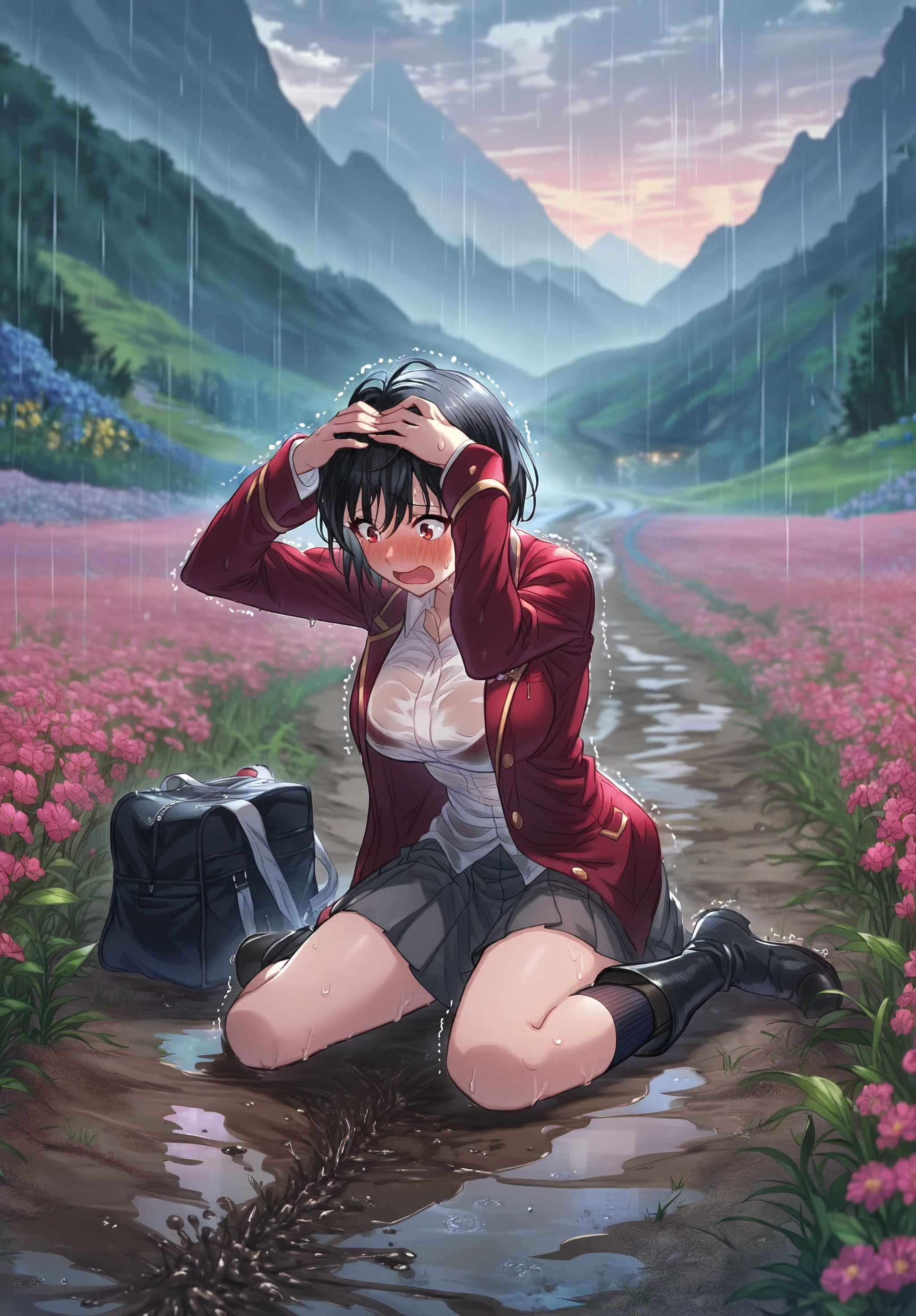 highres,absurdres,masterpiece,best quality,<lora:Granblue Fantasy XLV2:1>,rain,dusk,1girl,short hair,loose hair strand,black hair,red eyes,school uniform,open jacket,large breasts,embarrassed,kneehighs,large boots,wariza,nervous,open mouth,looking away,on ground,dirt road,path,flower field,mountain,wet clothes,covering head,trembling,bag,