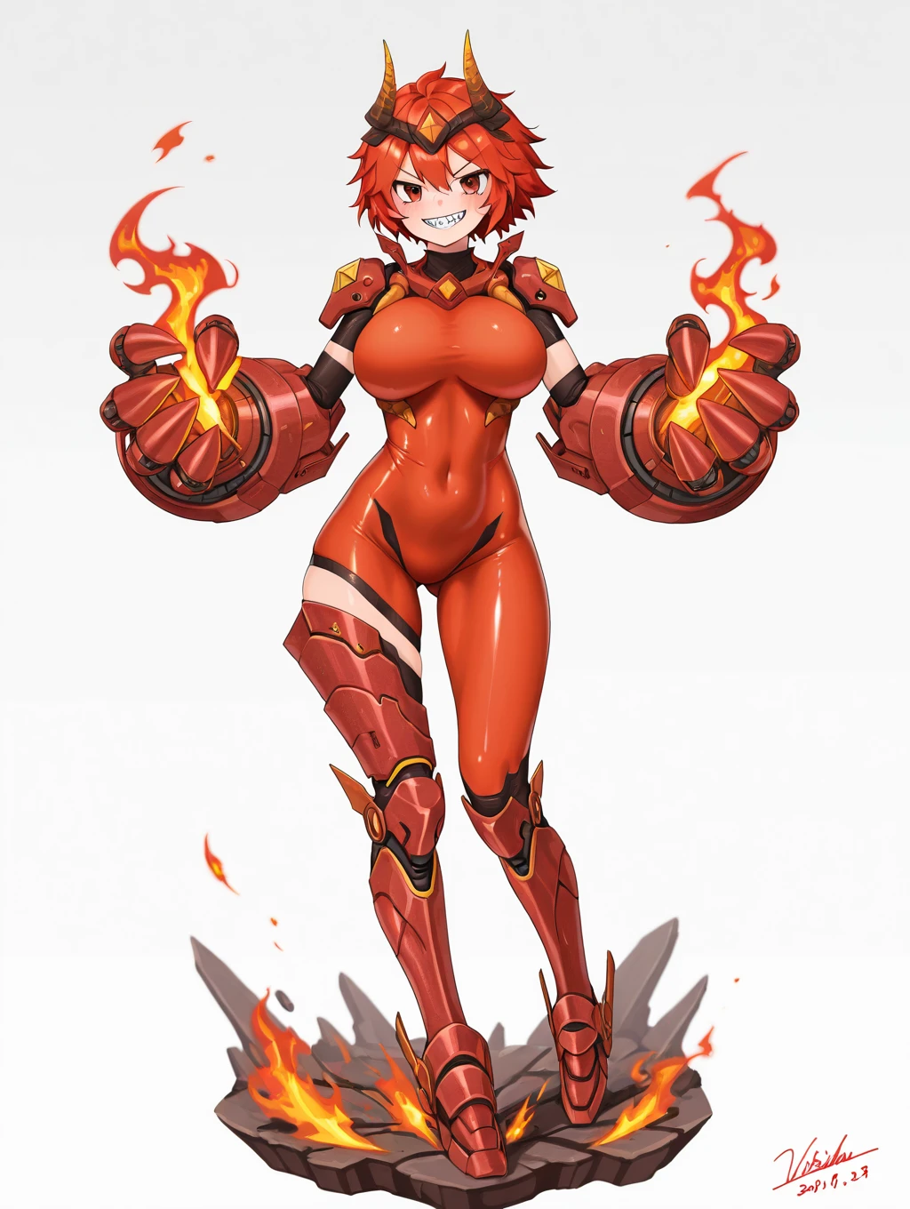 vishuvac, 1girl, solo, smile, short hair, large breasts, red eyes, white background, red hair, horns, teeth, signature, armor, grin, dated, bodysuit, covered navel, fire, sharp teeth, personification, mecha musume


masterpiece, best quality,amazing quality, very aesthetic, absurdres, depth of field, blurry background, extremely detailed face, detailed eyes