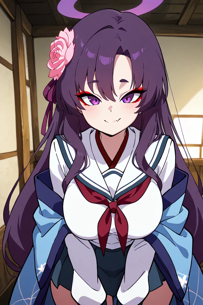 masterpiece, best quality, solo, curvy, beautiful eyes, zzYukari, long hair, purple hair, halo, purple halo, hair ornament, hair flower, purple eyes, eyeshadow, red eyeshadow, fang, skin fang, large breasts, haori, pink flower, red neckerchief, serafuku, solo, makeup, pleated skirt, white sailor collar, long sleeves, wide sleeves, blue skirt, black skirt  ,<lora:YukariBluearchiveIXL:1.0>,upper body, smile, looking at viewer, shiny skin,<lora:DiivesIXL:1.0>,