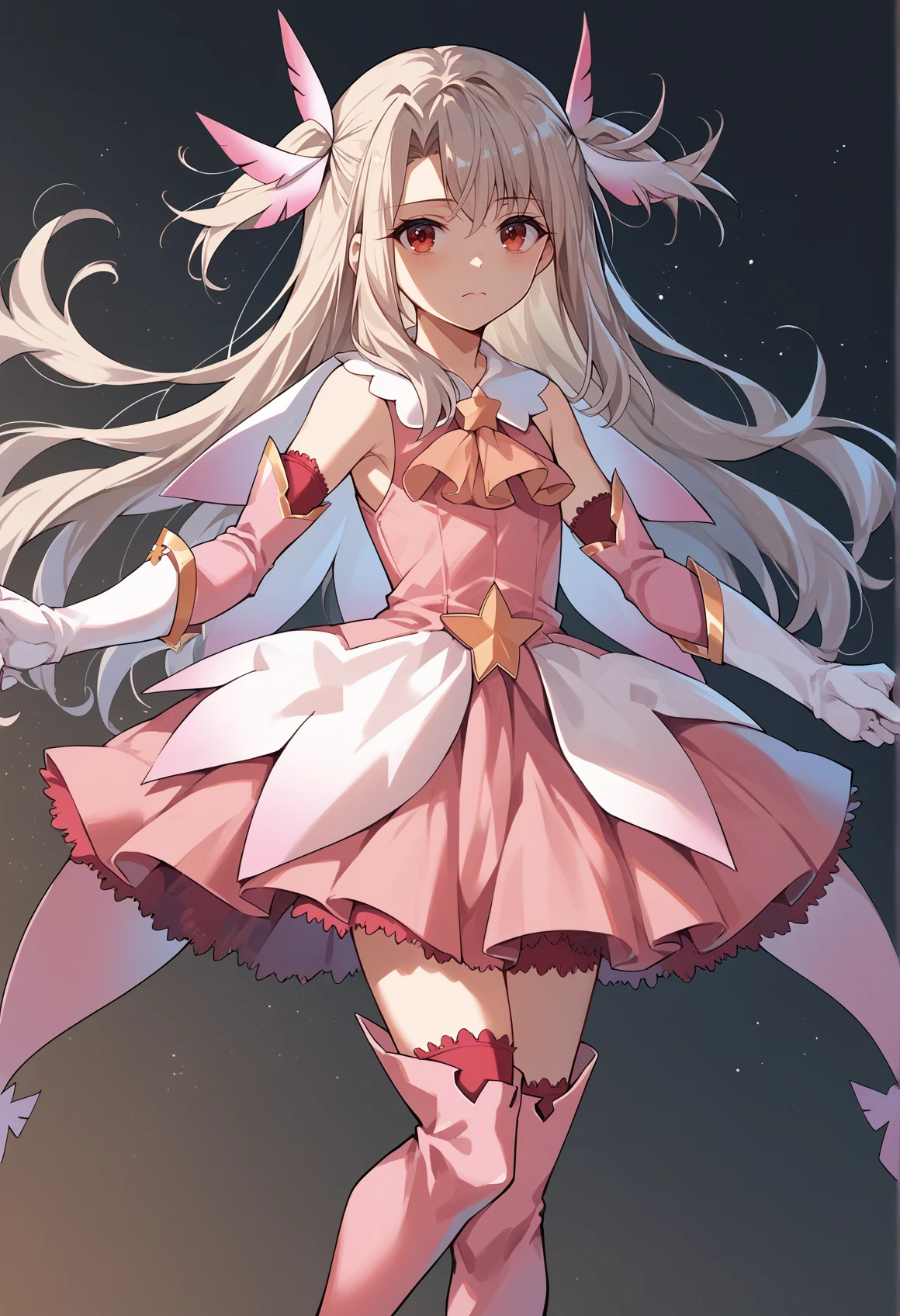 white hair, red eyes, long hair,  two side up, feather hair ornament, pink dress, elbow gloves, magical girl, pink thigh Boots <lora:Illya_pony_v2:1>, score_9, score_8_up, score_7_up, score_6_up, score_5_up, score_4_up, BREAK source_anime, masterpiece