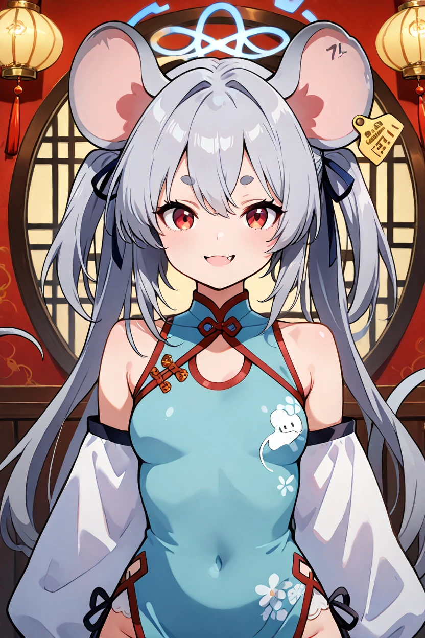 masterpiece, best quality, solo, curvy, beautiful eyes, zzSaya, animal ears, mouse ears, long hair, red eyes, grey hair, halo, mouse tail, mouse girl, tail, fang, china dress, ear tag, solo, blue dress, detached sleeves, mouse, bow  ,<lora:SayaBluearchiveIXL:1.0>, upper body, smile, looking at viewer, shiny skin,