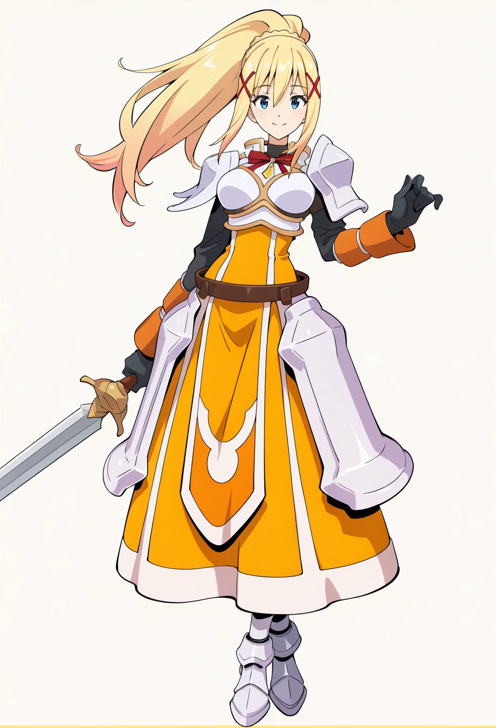 masterpiece, best quality, high quality, anime, <lora:AEHLINK:1.35> AEHLINK, white background, full body, tachi-e, <lora:AEDarknessIlx:1> AEDarknessDef, blonde hair, blue eyes, braid, hair between eyes, high ponytail, long hair, sidelocks, x hair ornamet, black bodysuit, armored dress, yellow dress, red ribbon, boobplate, shoulder armor, faulds, black gloves, belt, long skirt, armored boots, smile, holding sword,