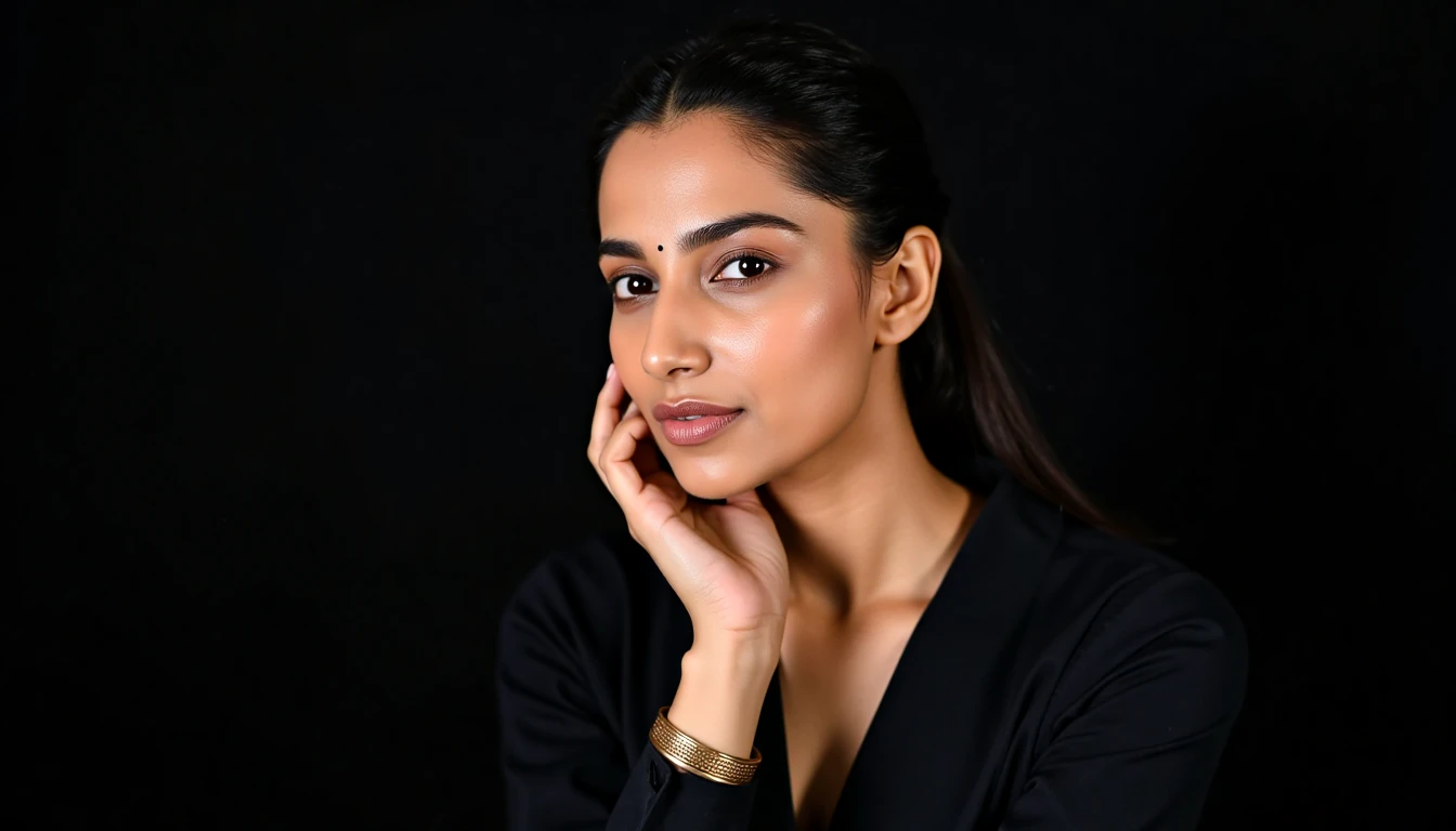 Close-up portrait of meencohwx  with dark hair pulled back. Soft, contemplative expression; gaze is directed slightly to the viewer's right. She's subtly touching her face with her hand, creating a relaxed pose. Wearing a dark-colored, likely black, long-sleeved top. The style is simple and understated. A light gold metal bangle sits on her wrist, adding a touch of visual interest.  Strong light source creates dramatic highlights and shadows, emphasizing facial contours; the lighting is theatrical, almost studio-like. Deep black background creates high contrast, drawing attention to the subject.  Composition is centered, with the woman positioned slightly off-center to create visual balance.  Muted tones, with a low-key atmosphere; serene and calm mood.  Classic portrait style.