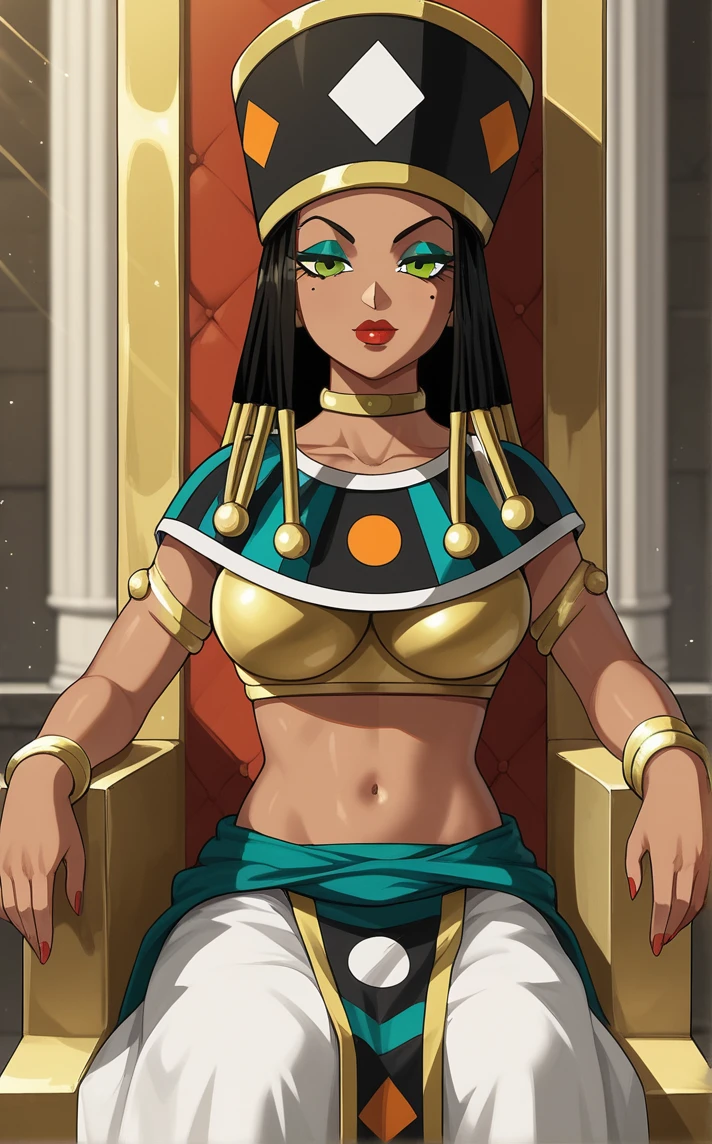 score_9, score_8_up, score_7_up, absurdres,sitting on throne, sitting, throne, throne room, straight-on, curtains, light particles, bokeh, loaded interior, indoors, solo, looking at viewer, <lora:PONYXL_DragonBallSuper_Heles_ownwaifu_r2:1> BREAK MainOutfit_Heles_ownwaifu, 1girl, black hair, dark-skinned female, dreadlocks, eyelashes, green eyes, green eyeshadow, hair tubes, makeup, mole under eye, red lips, thick lips, dark skin, hat, gold, lipstick, jewelry, long hair, midriff, egyptian clothes, armlet, navel, egyptian, breasts, bracelet, bracer, crop top, choker, collarbone, large breasts, black headwear, long skirt, groin, white skirt, armor, braid, neck ring, yellow choker, <lora:add-detail-xl:0.15>,