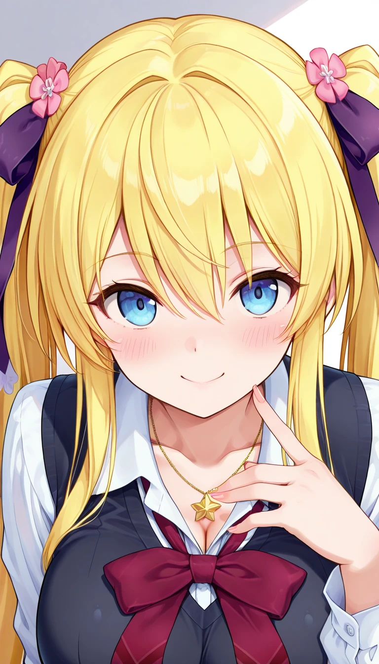 (masterpiece),best quality,amazing quality,very aesthetic,absurdres,newest,perfect body,shiny skin,perfect eyes,detail1eye,well-defined fingers,well-defined fingernails,anime style,1girl,solo,upper body,(portrait:1.5),looking at viewer,facing viewer,smile,blush,Mizuno Mana,very long hair,blonde hair,twintails,hair ornament,hair bow,hair flower,purple bow,hair ribbon,purple ribbon,sidelocks,hair between eyes,bangs,blue eyes,collarbone,school uniform,star necklace,pendant,black vest,collared shirt,white shirt,long sleeves,large breasts,skindentation,miniskirt,red skirt,plaid skirt,pleated skirt,black socks,loafers,<lora:Mizuno Mana(k jk isns)-illus:1.4>,