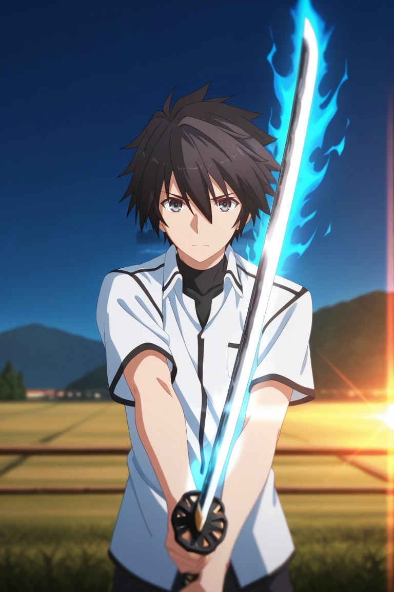 masterpiece, best quality, amazing quality, very aesthetic, high resolution, ultra-detailed, absurdres, newest, scenery, volumetric lighting, depth of field,anime srceencap , , , 1boy, solo, male focus, <lora:ikki:0.89>,ikki kurogane, black hair, grey eyes,short hair,spiky hair,shirt,hair between eyes,looking at viewer, holding,white shirt, school uniform,short sleeves,aura, weapon, sword, holding weapon, holding sword, katana,outdoors