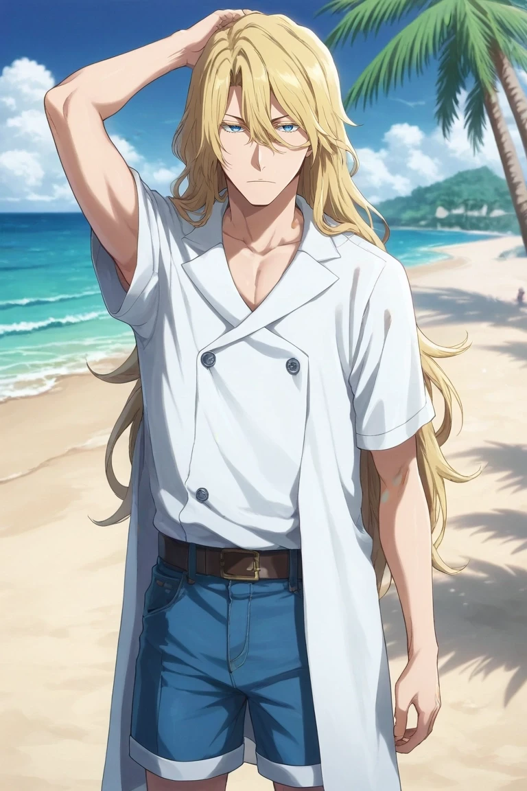 score_9, score_8_up, score_7_up, source_anime, rating_safe, , semi-realistic, looking at viewer, , 1boy, solo, male focus, <lora:jugram_haschwalth_pony:1>, jugram_haschwalth, blonde hair, blue eyes, long hair, hair between eyes, bangs, cowboy shot, beach, palm tree, towel, day, arm up, :o, Crimson Nylon Denim bermuda shorts, TealBlue Striated Barkcloth Cardigan, Chelsea boots, ,, <lora:sdxl_lightning_8step_lora:1>