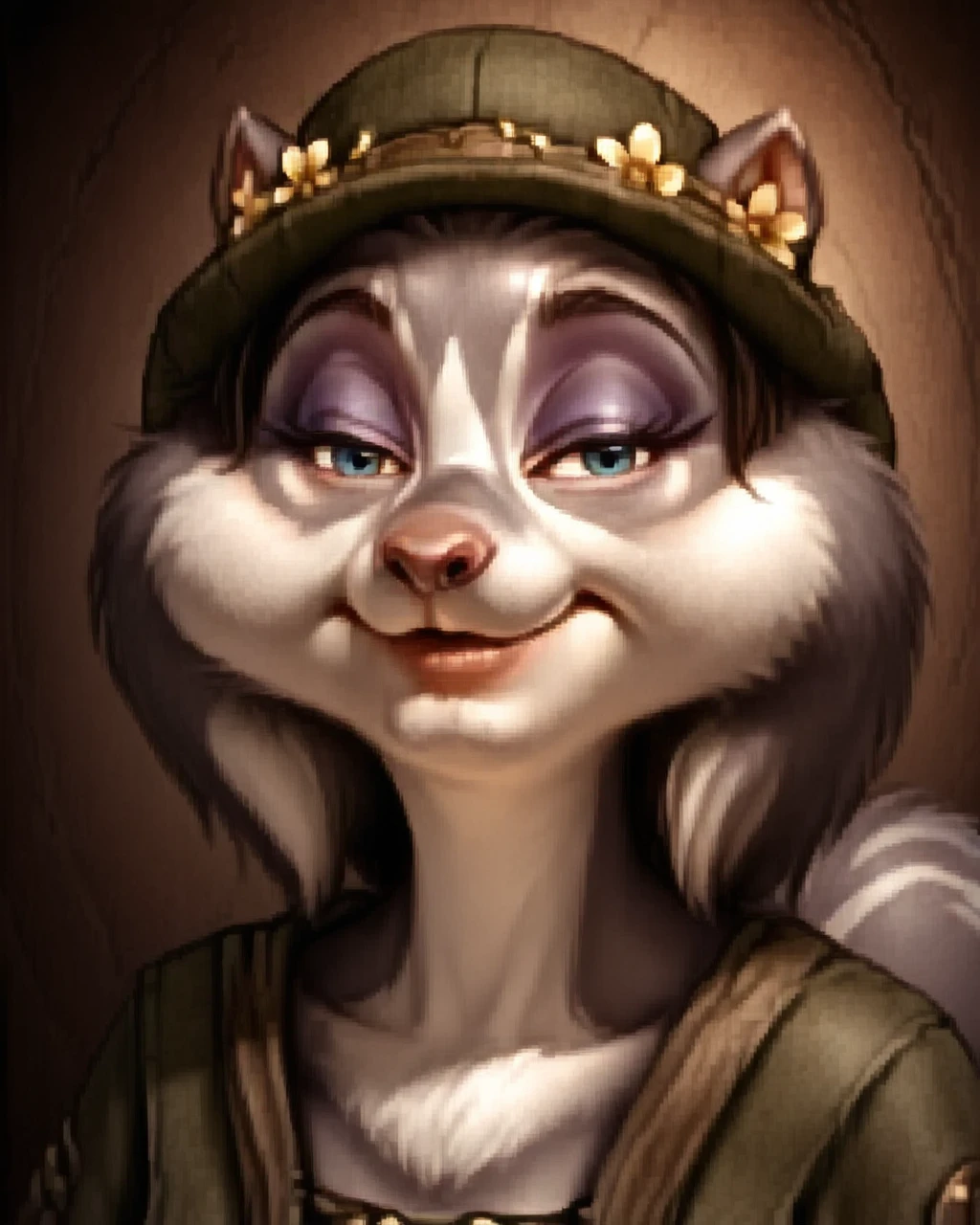 <lora:Illustrious_-_Baldurs_Gate_I_-_Portraits_-_1998:1.0> baldur's gate official portrait, character, solo,  <lora:Slappy_Squirrel:1> 1girl, slappy squirrel, furry female, two tone fur, grey fur, squirrel girl, green headwear, solo, blue eyes, purple eyeshadow, flower, hat, tail, smile, looking at viewer, half-closed eyes, closed mouth,