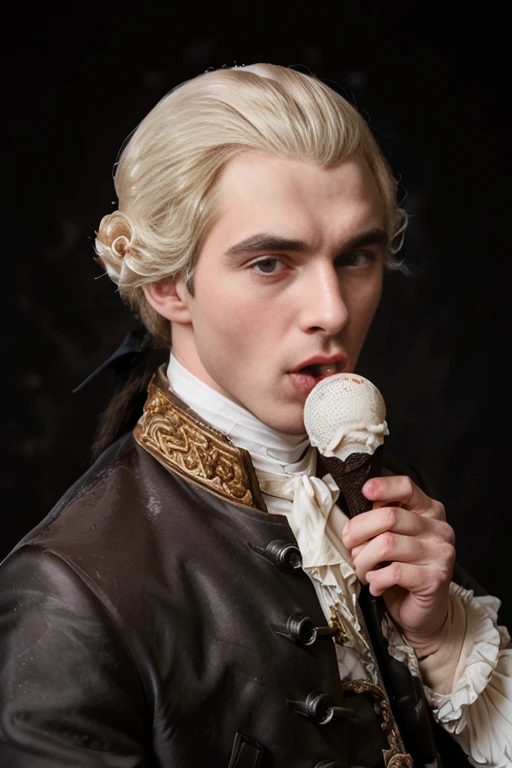 <lora:18th_Century_man_V0-000018:0.65> w16hsl1ps, 1boy, 1man (licking an ice cream, tongue:1.25), 20yo,  professional studio quality modeling headshot, 4K, 18th century clothes, historical wig, white hair, (simple black background:1.2), dramatic lighting, ultra realistic photograph, professional art, by Gucci photographer,  (dark brown coat), ponytail with black ribbon