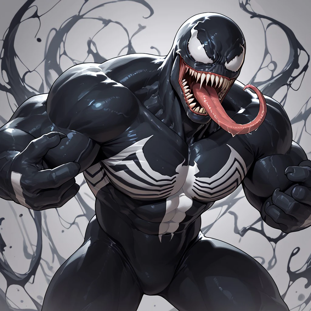 score_9, score_8_up, score_7_up, score_6_up, Venom, bara, sharp teeth, open mouth, long tongue, 