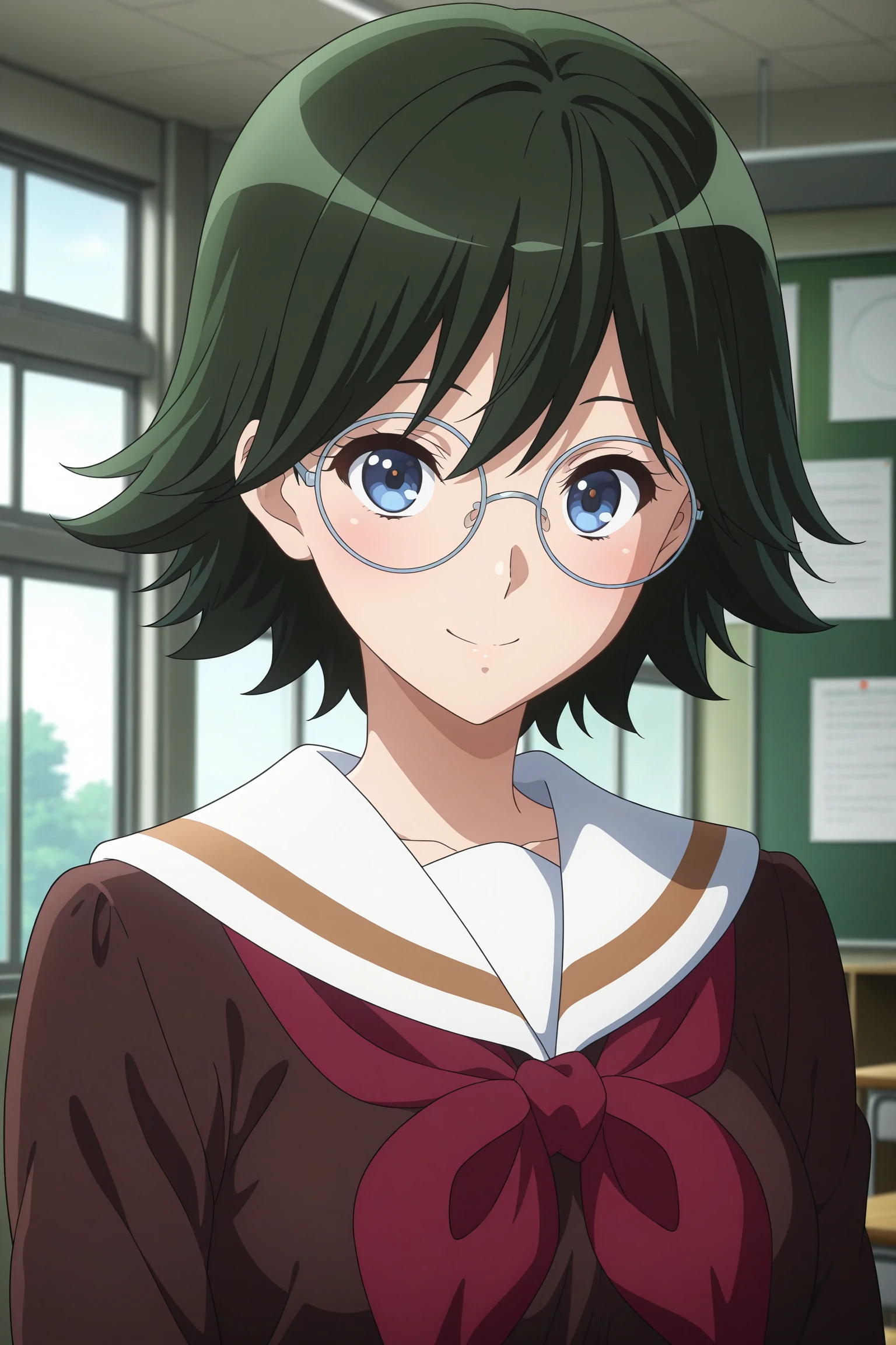 masterpiece, best quality, amazing quality, highres, absurdres, very aesthetic, high resolution, ultra detailed, perfect details, 1girl, solo, indoors, classroom, medium breasts, kamaya tsubame, short hair, green hair, wispy bangs, blue eyes, round eyewear, serafuku, brown serafuku, white sailor collar, red neckerchief, long sleeves, brown skirt, pleated skirt, white kneehighs, loafers, <lora:Tsubame_Kamaya_ILXL:0.8>, (aged up:1.2), (portrait:1.8), looking at viewer, smile, anime coloring, anime screencap