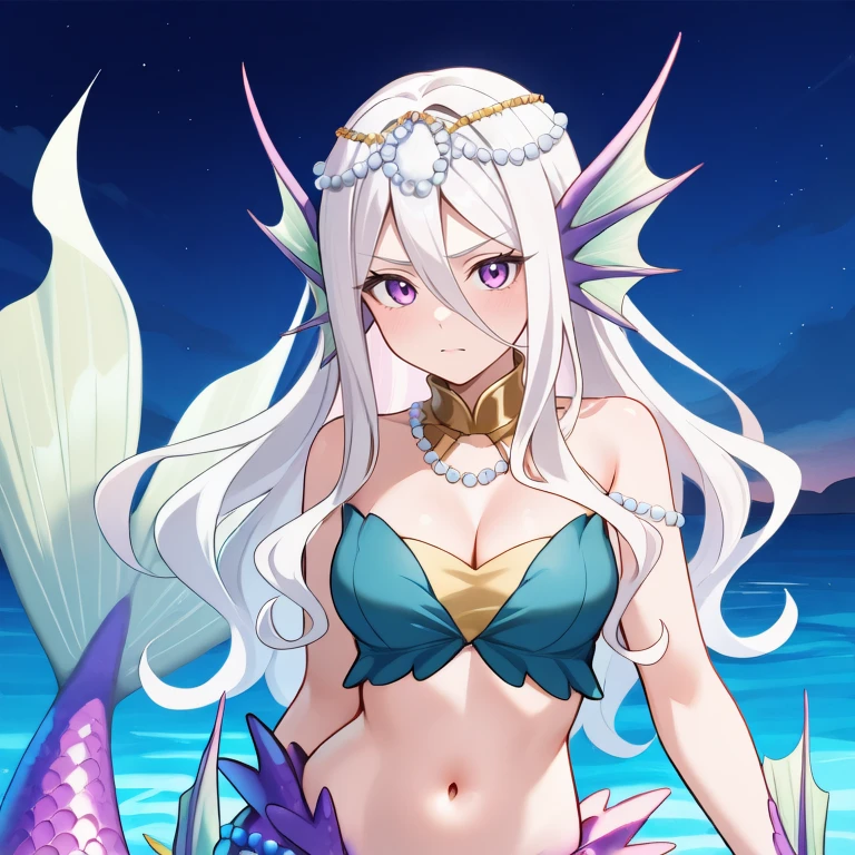 <lora:EmeloneIL:0.7> , emdef, 1girl, (mermaid), mermaid tail, monster girl, purple eyes, long hair, hair between eyes, white hair, head fins, purple scales, cleavage, navel, midriff, sleeveless, blue top, yellow chest wrap, jewelry, beads, pearl (gemstone), exterior, night sky, closed mouth, serious expression, looking at viewer, (face, close-up), portrait, , solo, masterpiece, best quality, amazing quality, very aesthetic, high resolution, detailed background,