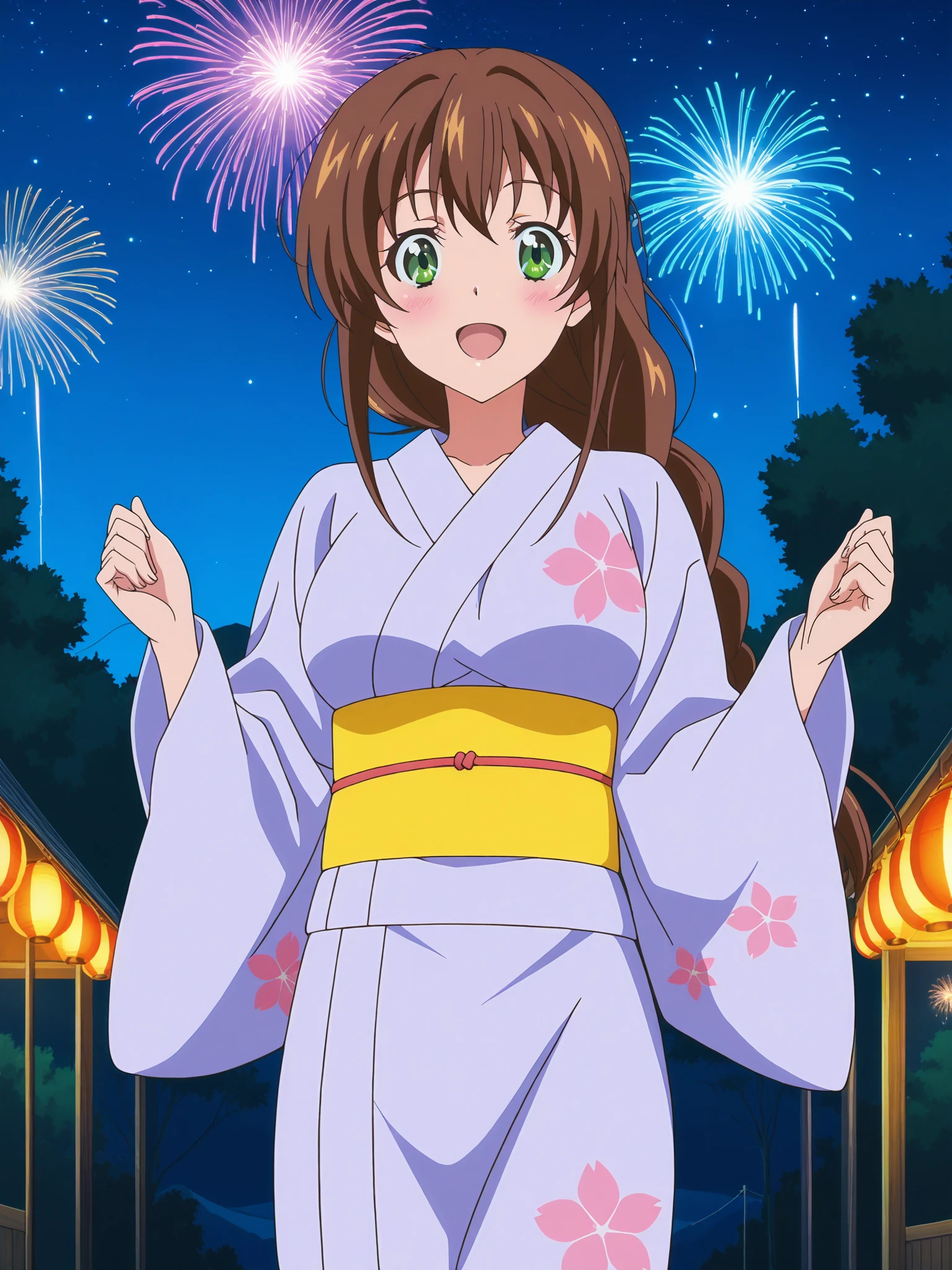 anime screencap, anime coloring,
 at night, at a Japanese festival, stars, fireworks in the sky,
<lora:Shiori_Sakurazaka_r1:.8>,Shiori Sakurazaka, solo long hair, brown hair, green eyes, braid, breasts, Japanese clothes, kimono, looking at the viewer, cowboy shot, happy girl, excited