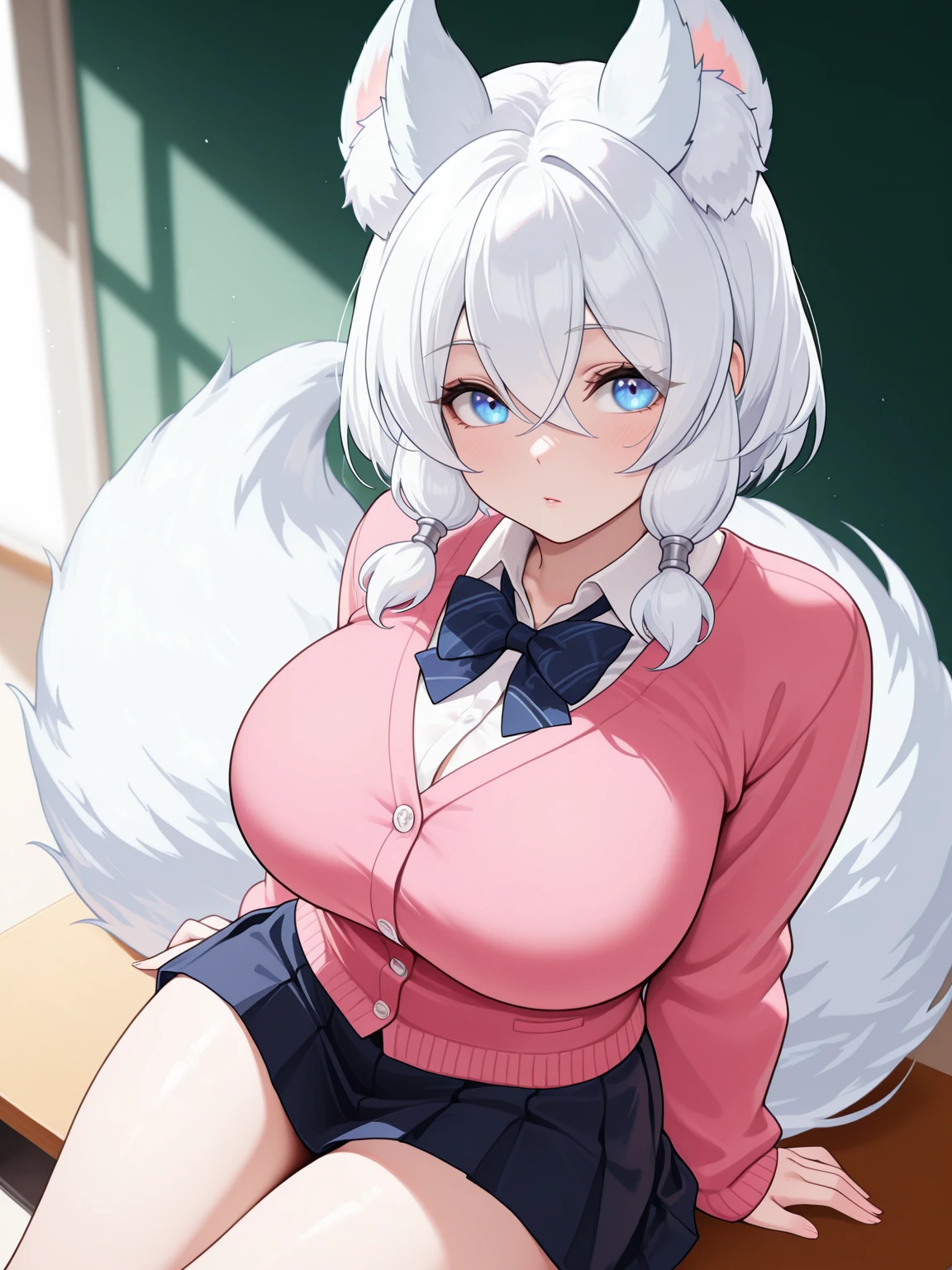 masterpiece, best quality, 1girl, solo, <lora:IL_Lulu:0.9>, illulu, white hair short hair, low twintails, blue eyes, wolf ears, wolf tail, large breasts, pink cardigan, short skirt, school uniform, sitting