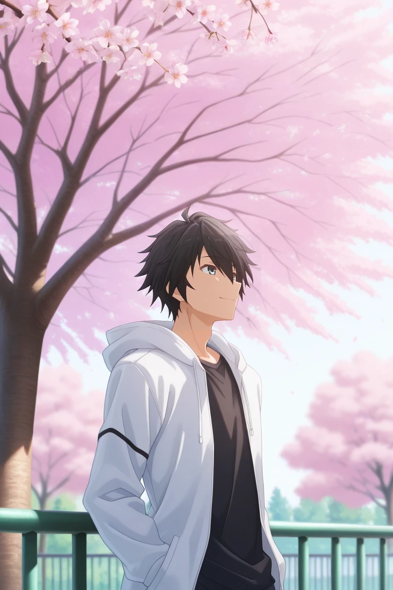 masterpiece, best quality, amazing quality, very aesthetic, high resolution, ultra-detailed, absurdres, newest, scenery, volumetric lighting, depth of field,anime srceencap , , , 1boy, solo, male focus, <lora:ikki:0.90>,ikki kurogane, black hair, grey eyes,short hair,spiky hair,smile, shirt,hair between eyes,outdoors, hood,white hood,black shirt, tree, hoodie,cherry blossoms, railing,pov_eye_contact