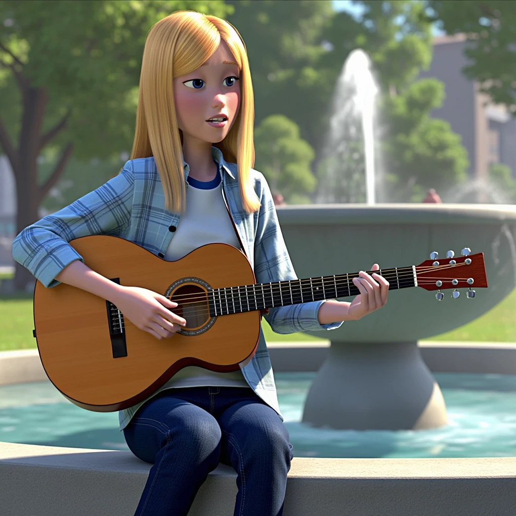 3d render in ti artstyle, a college woman is sitting outside on the ledge of a fountain in a park playing the guitar during a sunny day with natural lighting. she has shoulder-length blond straight hair and is wearing a light blue plaid shirt with rolled up sleeves to her elbows, revealing a plain white t-shirt with a blue collar underneath, as well as dark blue jeans.