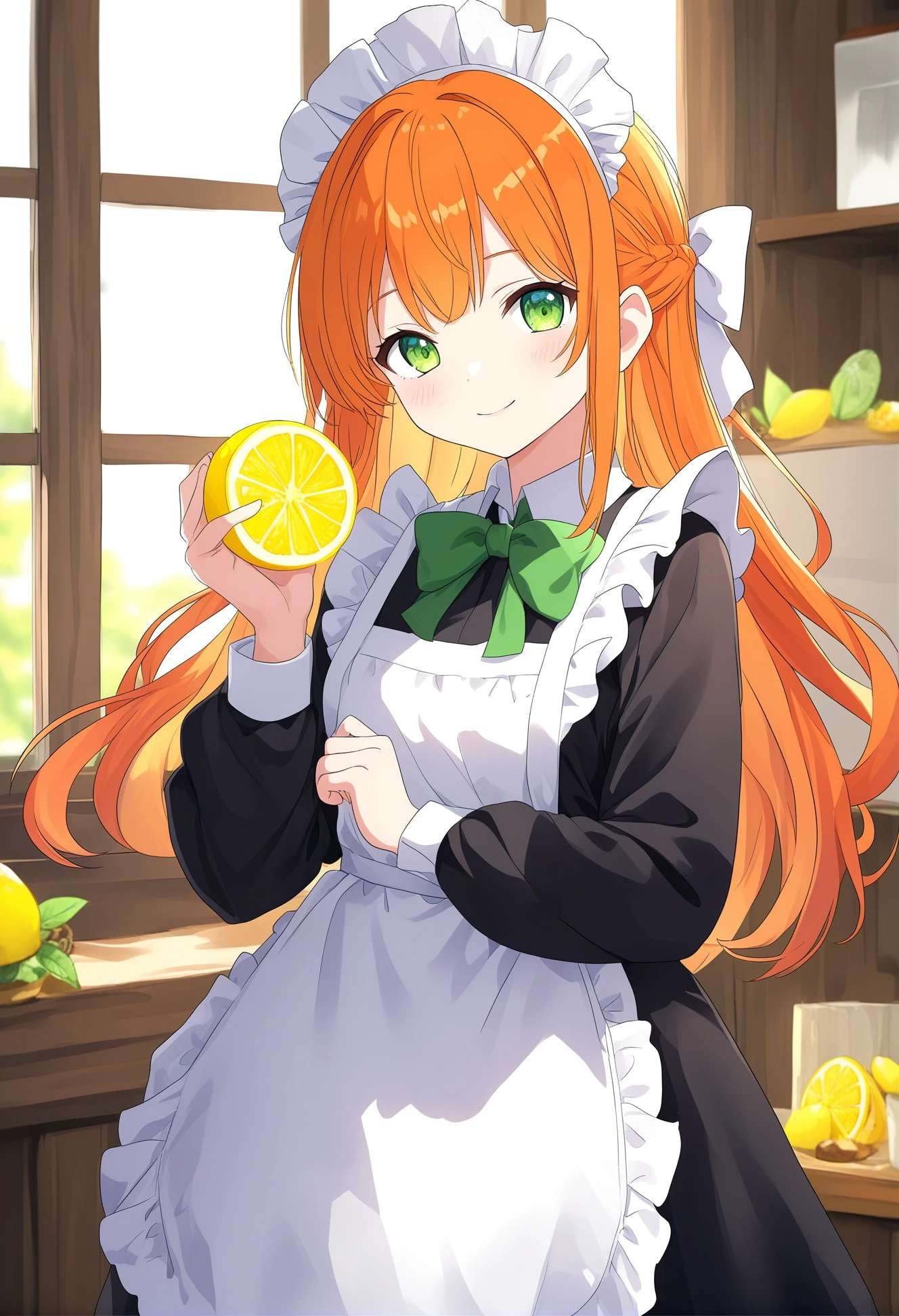 1girl, indoors, fruit, bow, maid headdress, solo, food, maid, light blush, standing, hair bow, apron, lemon slice, window, dress, holding, holding fruit, holding food, long sleeves, bowtie, maid apron, orange hair, long hair, frills, closed mouth, black dress, green eyes, smile, looking at viewer, lemon, white apron, frilled apron, newest