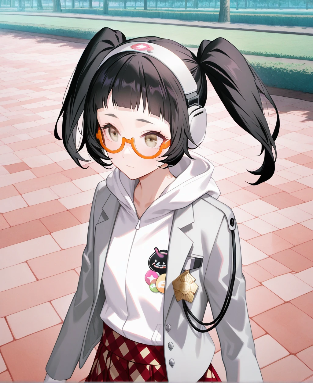 artist:gomzi,artist:wanke,artist:diyokama, rei_(sanbonzakura),[[artist:fuzichoco]],year 2023, 
solo,
morita naruko, brown eyes, black hair, twintails, headphones, orange-framed eyewear, under-rim eyewear, white hoodies, badge, grey blazer, medal, plaid skirt, red skirt, 
upper body, park, 