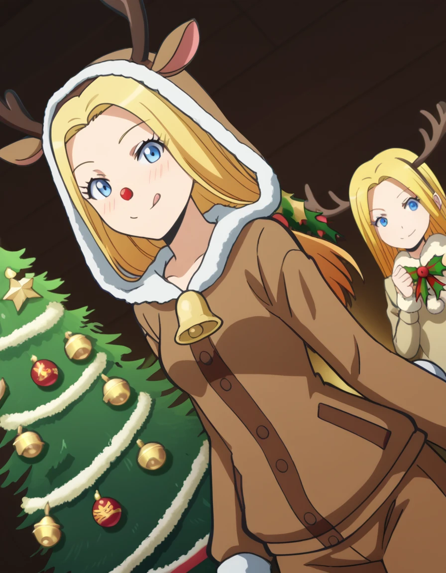 score_9, score_8_up, score_7_up, source_anime, <lora:rio-nakamura-s1s2-ponyxl-lora-nochekaiser:1>, rio nakamura, long hair, blue eyes, blonde hair, medium breasts, anime screencap,, <lora:reindeer-costume-ponyxl-lora-nochekaiser:1>, reindeer costume, animal costume, reindeer antlers, antlers, fake antlers, reindeer hood, christmas, red nose, deer ears, deer tail, christmas tree, bell, horns, reindeer,, blush, smile, tongue out, looking at viewer,, , dutch angle, cowboy shot