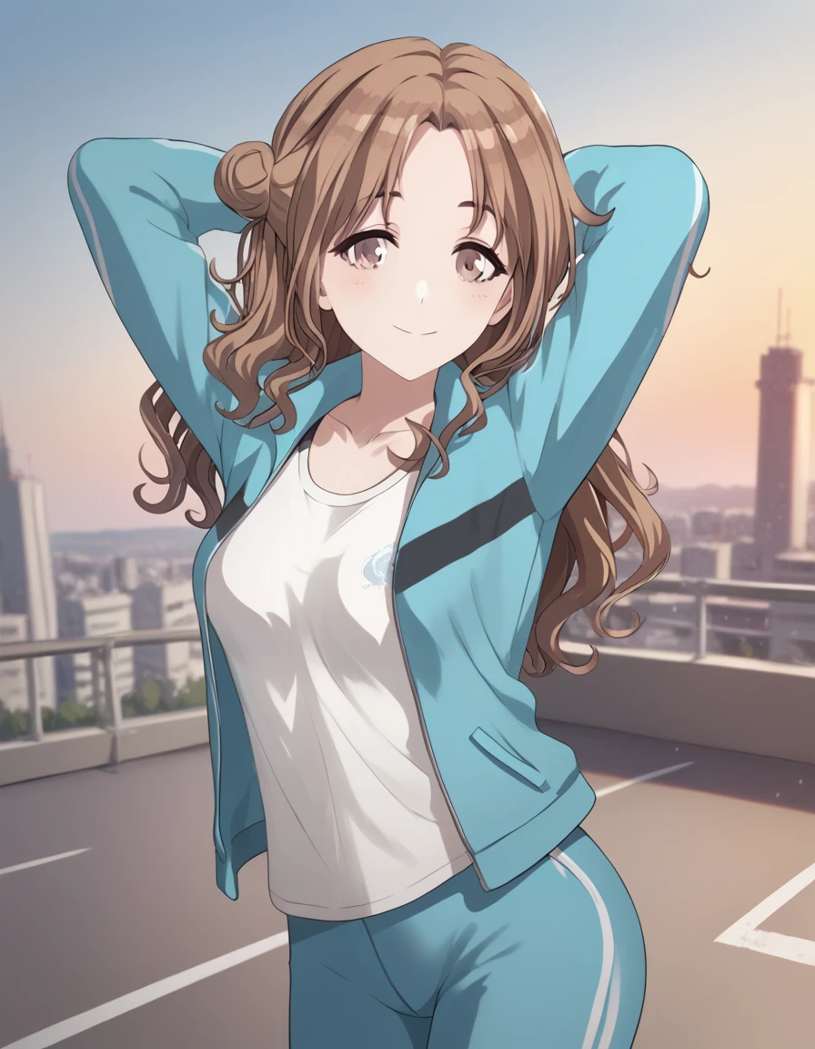 score_9, score_8_up, score_7_up, source_anime, <lora:hinana-ichikawa-s2-ponyxl-lora-nochekaiser:1>, hinana ichikawa, long hair, bangs, brown hair, brown eyes, hair bun, parted bangs, single hair bun, single side bun, medium breasts,, shirt, collarbone, jacket, white shirt, open clothes, track jacket, track pants, rooftop, sunset, cityscape, quiet moment, wind blowing, contemplative, smile, <lora:mememe-dance-ponyxl-lora-nochekaiser:1>, mememe dance, me!me!me! dance (meme), dancing, ass shake, arms up,, looking at viewer, solo,, dutch angle, cowboy shot