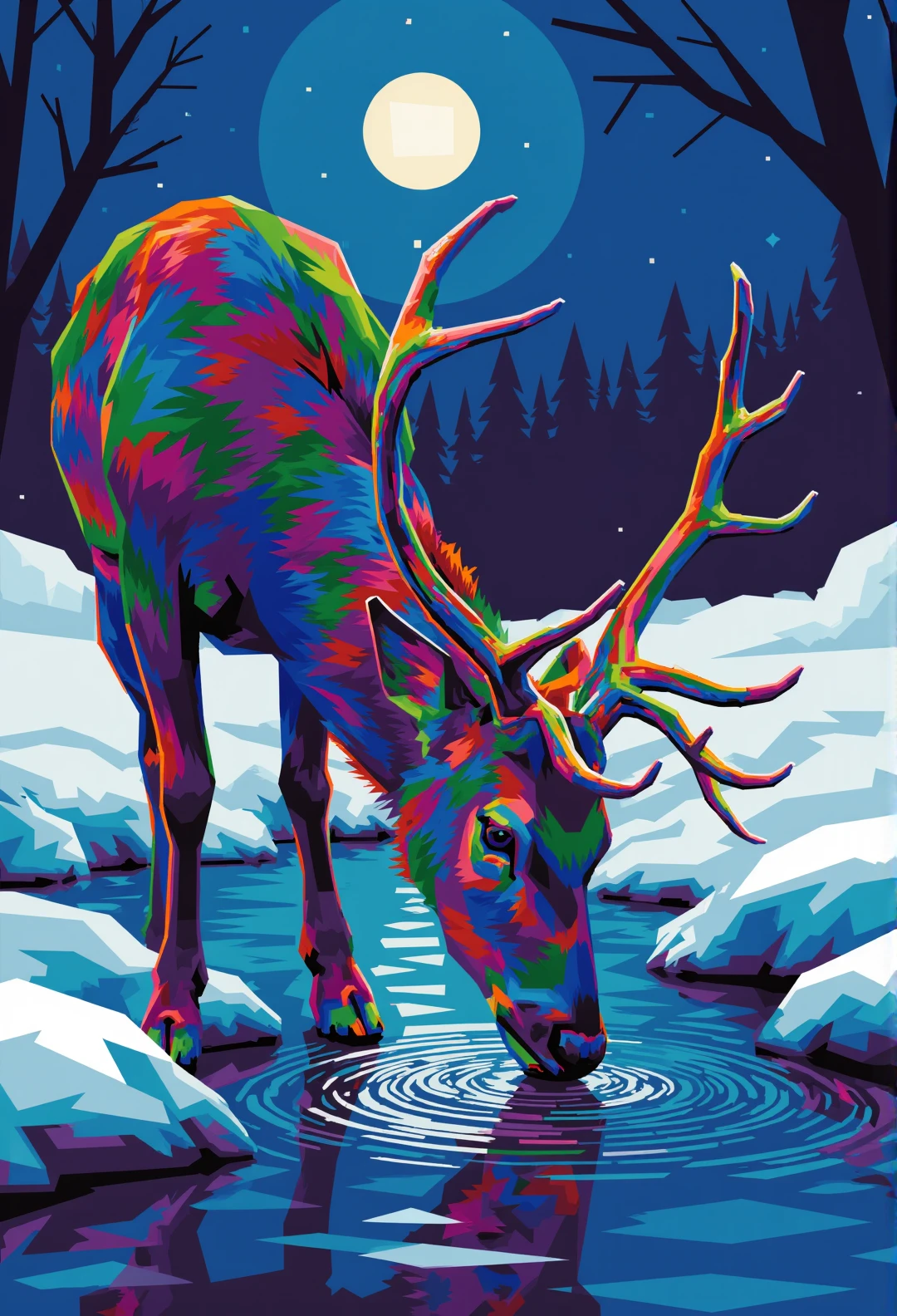 Geometric Colorful Forces,

In a serene winter setting, the main character, a graceful deer, is captured in a close-up scene as it lowers its head to drink from a gently flowing river. The deer has a sleek coat, dusted with light snowflakes, and its delicate antlers glisten in the soft ambient light. Its eyes reflect a sense of calm and alertness, embodying the stillness of the night.

The background is a tranquil riverside, with snow blanketing the riverbanks and bare tree branches silhouetted against a clear, starry sky. The moonlight casts a gentle glow over the snowy landscape, creating a magical atmosphere around the scene where the water ripples from the deer's gentle movements.
