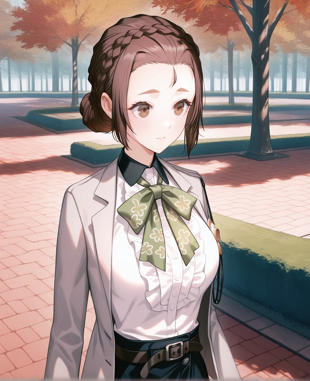 artist:gomzi,artist:wanke,artist:diyokama, rei_(sanbonzakura),[[artist:fuzichoco]],year 2023, 
solo,
kagura suzuna, brown eyes, brown hair, braid, single hair bun, collar, white shirt, frilled shirt, print bowtie, grey blazer, medal, belt, black skirt, 
upper body, park, 