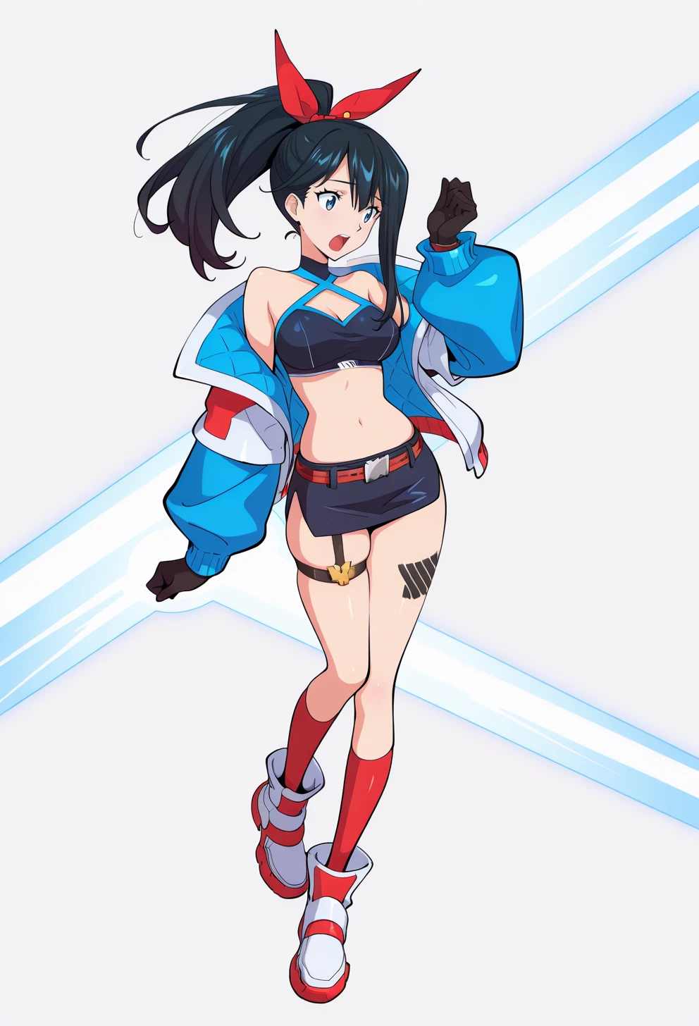 masterpiece, best quality, high quality, anime, <lora:AEHLINK:1.35> AEHLINK, white background, full body, tachi-e, <lora:AERikkaIllustrious:0.8> AERikkaDD, blue eyes, black hair, long hair, ponytail, hair ribbon, cleavage cutout, criss-cross halter, bare shoulders, off shoulder, multicolored jacket, blue jacket, white jacket, open jacket, black gloves, belt, microskirt, pencil skirt, thigh strap, skindentation, leg tattoo, red socks, white footwear, ultra beam, hand up, open mouth,