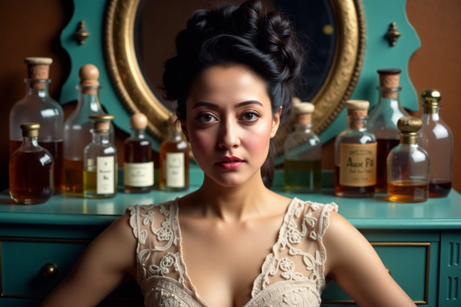 Close-up portrait of raimasenukohwx  with dark, curly hair styled in a vintage updo.  noticeable, highly expressive eyes.  She gazes directly at the viewer with a captivating, slightly serious expression.  Soft, rosy peach lipstick and subtle blush enhance her features.  The woman wears a delicate, off-white, lacy sleeveless top.  The lace pattern is intricate, delicate, and floral.  The setting is a refined, timeless boudoir.  Soft lighting and rich shadows create a dramatic mood.  Numerous vintage, glass, perfume bottles of different shapes and colors are meticulously arranged on a teal-toned vanity or dressing table with antique mirrors.  Deep, rich and earthy tones like teal, gold, and caramel are featured in the background.  The composition is tightly framed with a clear focus on the woman's face and upper body.  The perspective is slightly angled, drawing close attention to the subject's personality. Vintage,  refined, portrait,  romantic, and moody are relevant keywords.  Classic, timeless style with a subtle touch of elegance.
