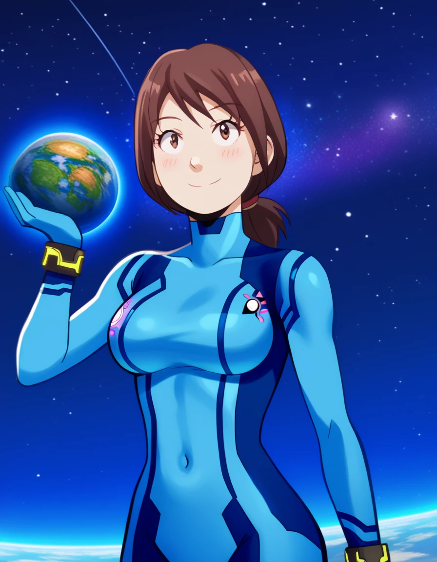 score_9, score_8_up, score_7_up, source_anime, <lora:sumire-hara-s1s2-ponyxl-lora-nochekaiser:1>, sumire hara, brown hair, brown eyes, ponytail, short ponytail, large breasts, anime screencap,, <lora:samus-aran-cosplay-ponyxl-lora-nochekaiser:1>, samusarancosplay, samus aran (cosplay), blue bodysuit, bodysuit, covered navel, skin tight, zero suit,, space, planet, earth (planet), star (sky), galaxy, nebula, moon, blush, smile, , dutch angle, cowboy shot