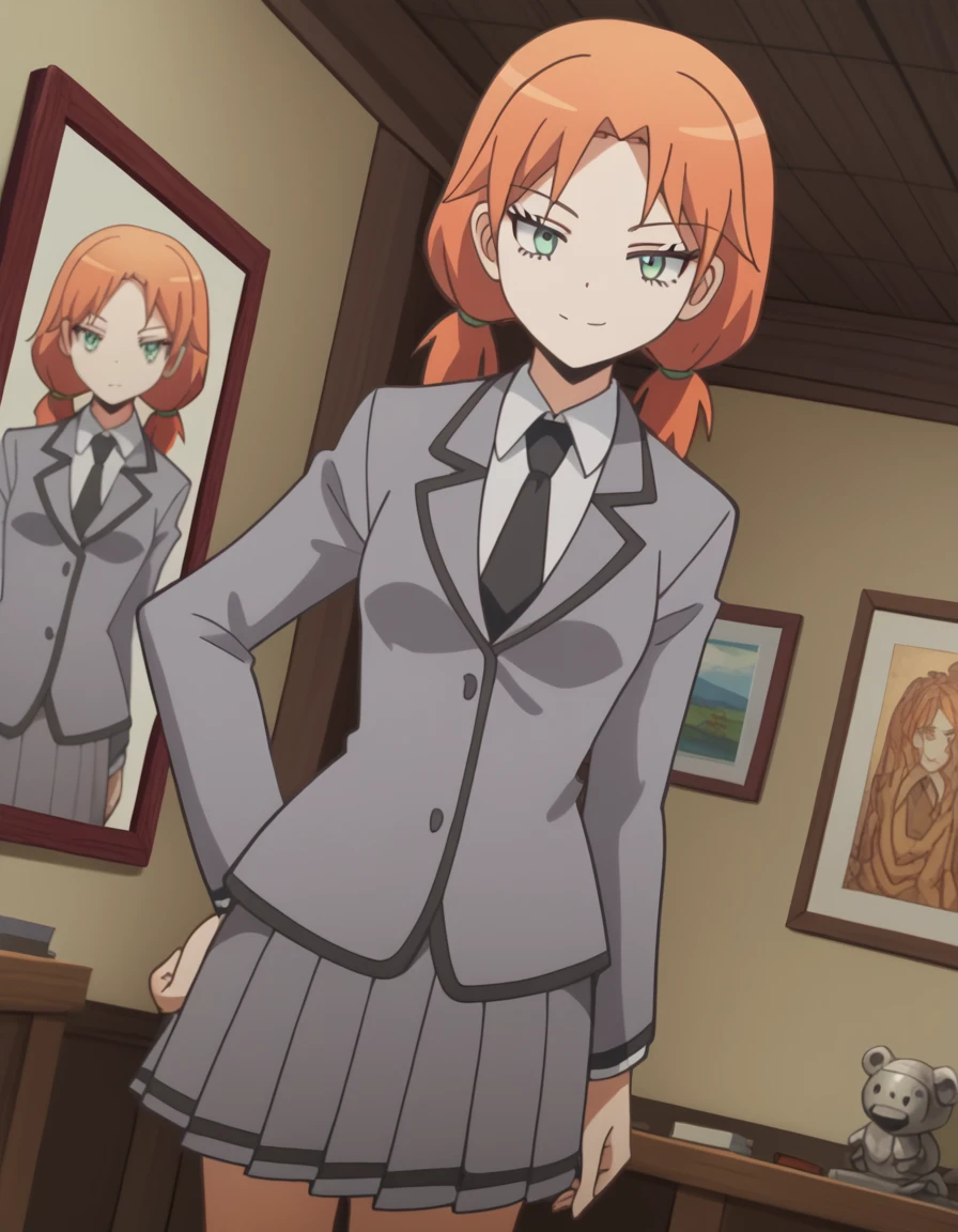 score_9, score_8_up, score_7_up, source_anime, <lora:rinka-hayami-s1s2-ponyxl-lora-nochekaiser:1>, rinka hayami, twintails, green eyes, orange hair, medium breasts, anime screencap,, blazer, grey blazer, skirt, school uniform, pleated skirt, necktie, grey skirt, black necktie, white shirt, collared shirt, long sleeves,, art gallery, paintings, sculptures, exhibits, quiet, , <lora:seductive-smile-ponyxl-lora-nochekaiser:1>, seductive smile, come hither, naughty face,, looking at viewer, solo,, dutch angle, cowboy shot