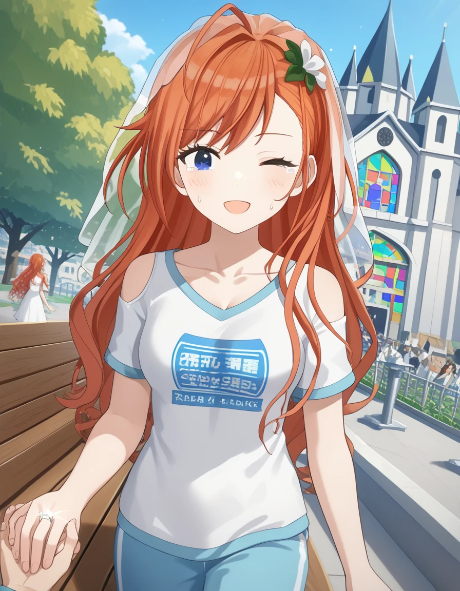 score_9, score_8_up, score_7_up, source_anime, <lora:natsuna-arisugawa-s2-ponyxl-lora-nochekaiser:1>, natsuha arisugawa, long hair, bangs, ahoge, red hair, orange hair, black eyes, medium breasts,, shirt, jewelry, white shirt, pants, t-shirt, blue pants, track pants, sweatpants,, park, cherry blossoms, bench, gentle breeze, peaceful, running, open mouth, smile, <lora:wedding-ring-ponyxl-lora-nochekaiser:1>, wedding ring, marriage proposal, pov, pov hands, hand grab, blush, wedding dress, white dress, veil, one eye closed, tears, church, smile, bare shoulders, collarbone, cleavage, dutch angle, looking at viewer, cowboy shot,, looking at viewer, solo,, dutch angle, cowboy shot