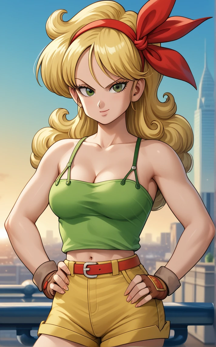score_9, score_8_up, score_7_up, absurdres,contrapposto, hand on hip, sunset, sidelighting, cityscape, vanishing point, outdoors, depth of field, solo, looking at viewer, <lora:PONYXL_DragonBall_Launch_ownwaifu:1> BREAK BadLaunch_BlondeHair_ownwaifu, 1girl, blonde hair, breasts, eyelashes, long hair, green tank top, curly hair, green eyes, cleavage, hairband, hair ribbon, fingerless gloves, midriff, medium breasts, bare shoulders, yellow shorts, red hairband, navel, collarbone, belt, short shorts, red ribbon, brown gloves, bare legs, camisole, spaghetti strap, big hair, <lora:add-detail-xl:0.15>,