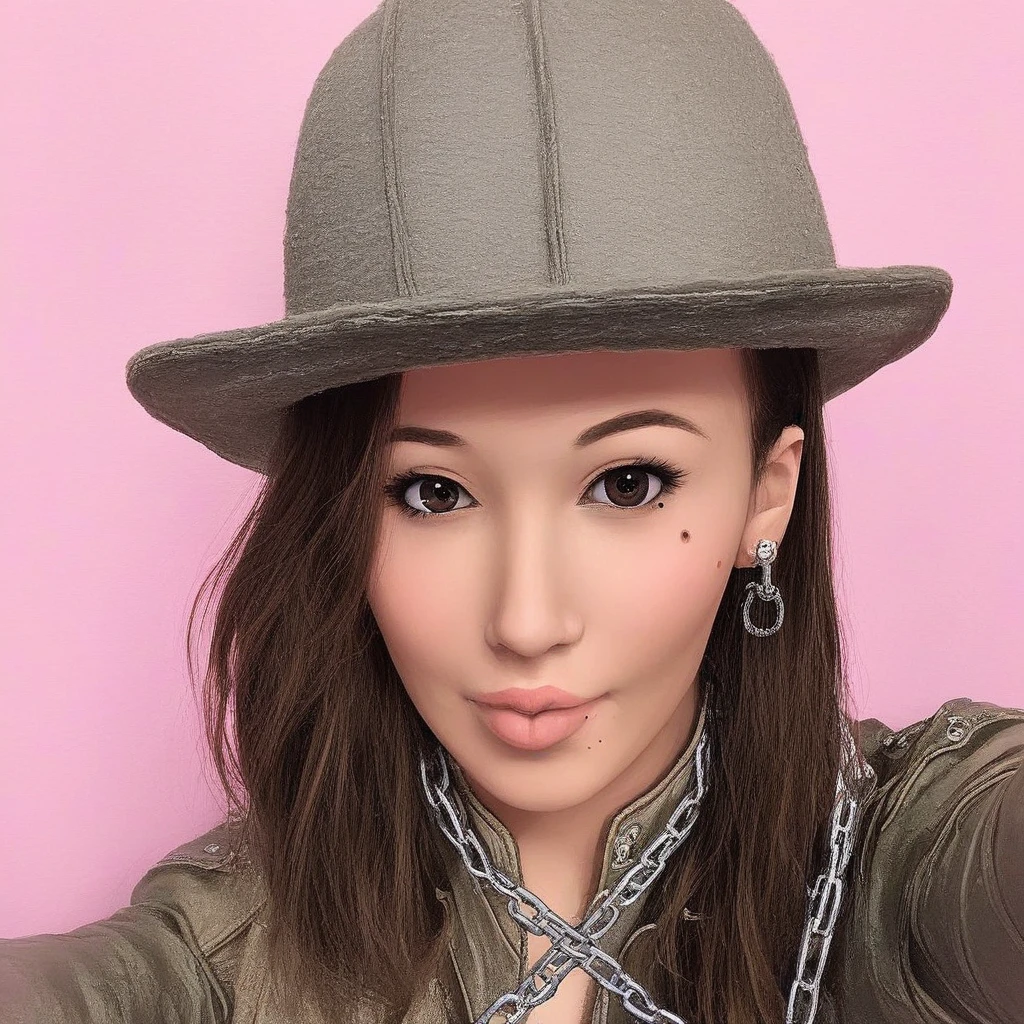 puckered_lips, looking at viewer, hat, chain, brown eyes, instrument, black eyes, mole, jacket, pink background, earrings, portrait, beautifull, selfie, solo, puckered lips