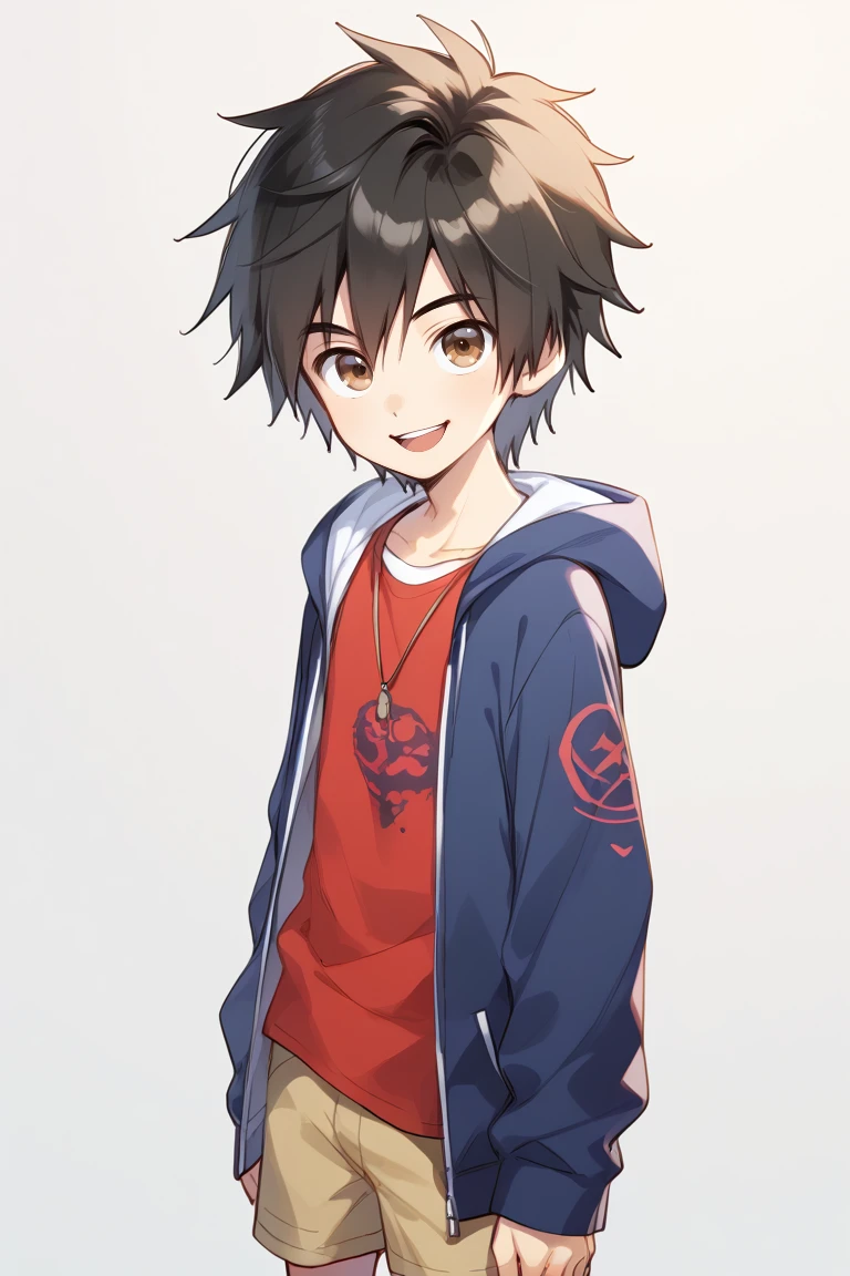 1boy,solo,male focus,hiro hamada,black hair,brown eyes,hood,shorts,smile,looking at viewer,open mouth,upper body