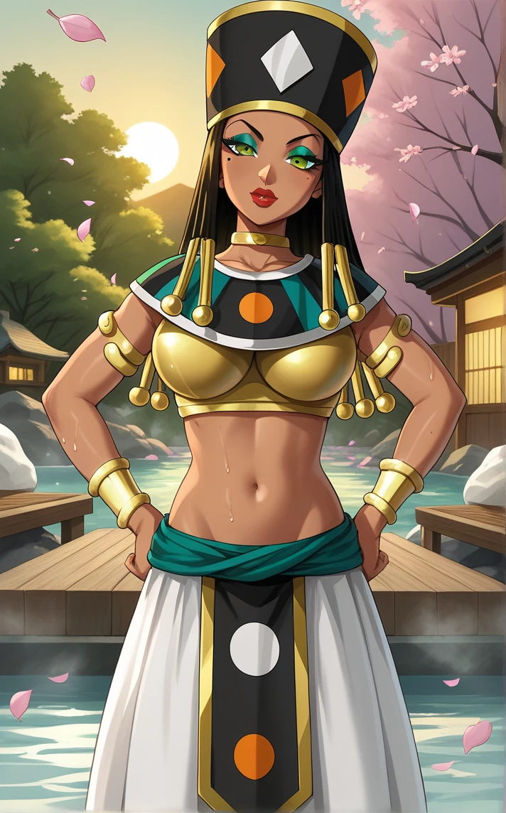 score_9, score_8_up, score_7_up, absurdres,outdoors, hands on own hips, east asian architecture, cherry blossoms, onsen, petals, petals on liquid, wet, leaf, steam, water, wisteria, sunset, <lora:PONYXL_DragonBallSuper_Heles_ownwaifu_r2:1> BREAK MainOutfit_Heles_ownwaifu, 1girl, black hair, dark-skinned female, dreadlocks, eyelashes, green eyes, green eyeshadow, hair tubes, makeup, mole under eye, red lips, thick lips, dark skin, hat, gold, lipstick, jewelry, long hair, midriff, egyptian clothes, armlet, navel, egyptian, breasts, bracelet, bracer, crop top, choker, collarbone, large breasts, black headwear, long skirt, groin, white skirt, armor, braid, neck ring, yellow choker, <lora:add-detail-xl:0.15>,
