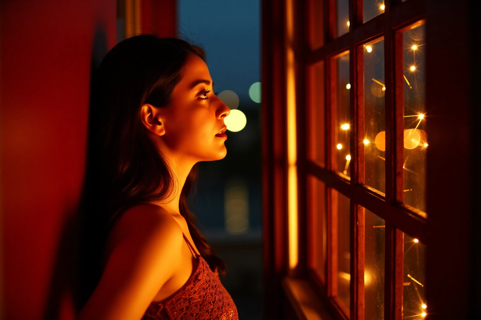 raimasenukohwx leans against a dark red wall, gazing thoughtfully out of a window.  She has light skin and a serene expression. Her eyes are softly focused, and her lips are gently closed.  She wears a warm, muted brownish-red lace top which appears slightly transparent or layered underneath a darker garment. The color palette evokes a soft, nostalgic feeling.  The setting is dimly lit, and the window reveals a night scene with sparkling lights, creating a warm, glowing backdrop.  Warm, golden lights are focused on the girl, creating a soft spotlight effect.  The bokeh effect of the out-of-focus lights in the background accentuates the mood.   The composition is a three-quarter view, with the woman positioned slightly angled toward the viewer, and the window behind her acts as a focal point. The window pane's detailed design, including multiple lines, adds to the depth and visual interest.  The overall style is suggestive of a cinematic portrait with a romantic and contemplative atmosphere.  The lighting creates a sense of intimacy and mystery.  The image features a vintage, melancholic mood.  Soft-focus and bokeh effects enhance the dreamy quality.
