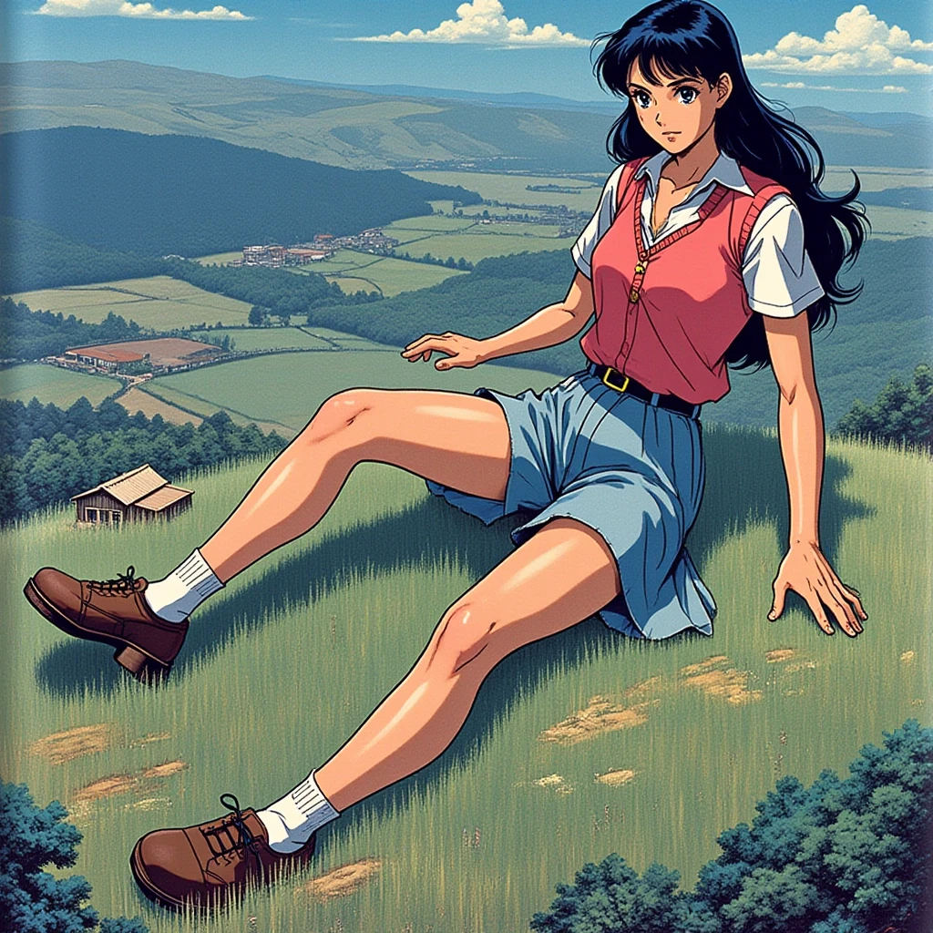 1980s anime screencap, giant-sized young woman amongst a rural landscape, wide-angle perspective from above emphasizing her giant size