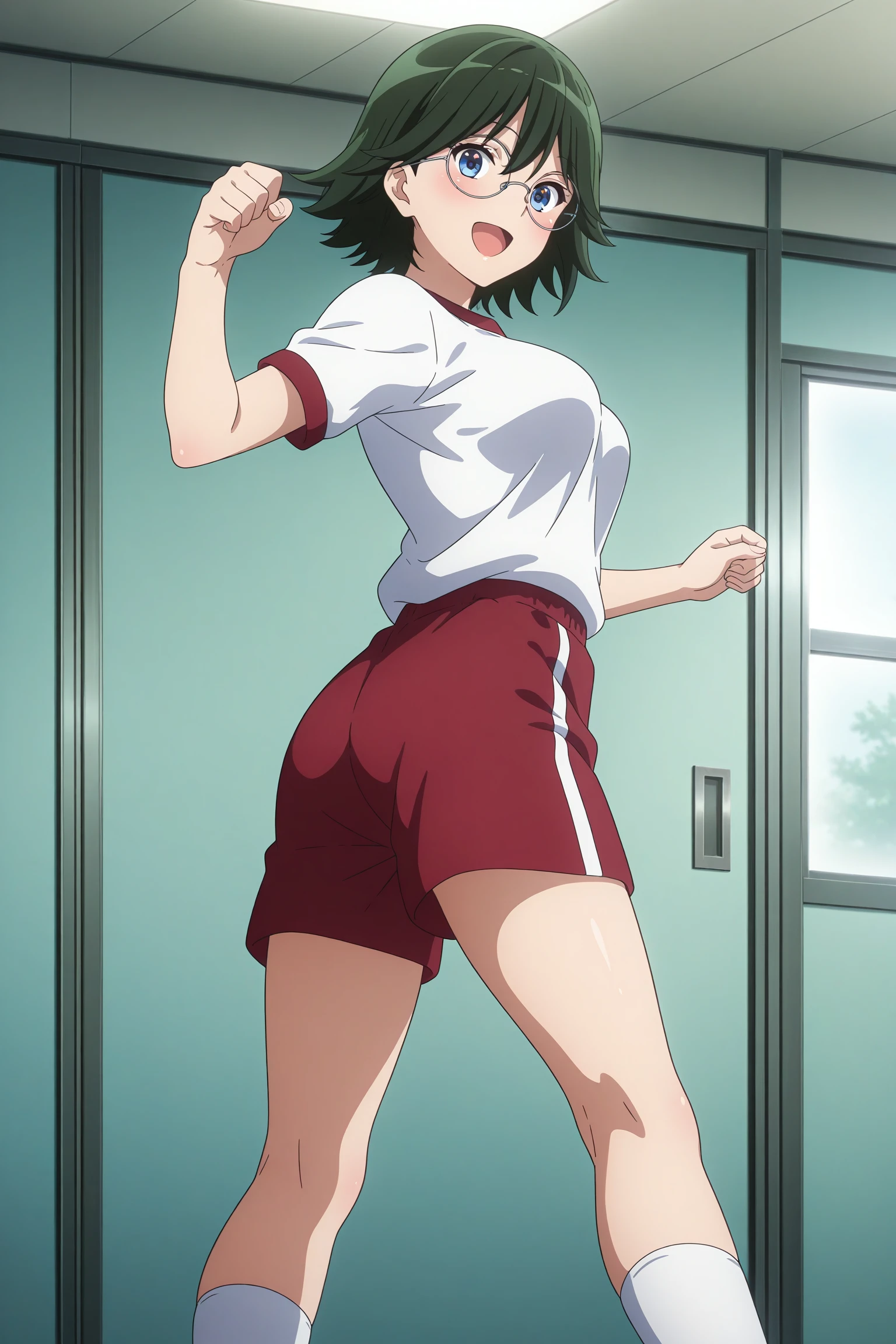 masterpiece, best quality, amazing quality, highres, absurdres, very aesthetic, high resolution, ultra detailed, perfect details, 1girl, solo, indoors, gym, medium breasts, kamaya tsubame, short hair, green hair, wispy bangs, blue eyes, round eyewear, gym uniform, white shirt, red shorts, white kneehighs, <lora:Tsubame_Kamaya_ILXL:0.8>, (aged up:1.2), (feet out of frame:1.1), looking at viewer, smile, anime coloring, anime screencap, (pose:1.4), open mouth, (from behind:1.4)