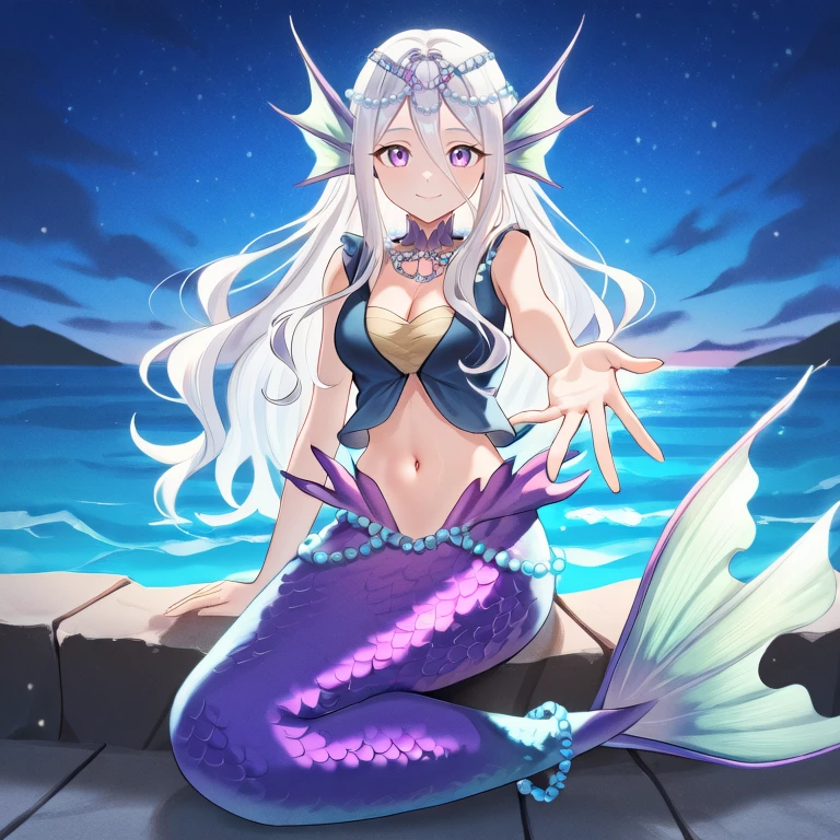 <lora:EmeloneIL:0.75> , emdef, 1girl, (mermaid), mermaid tail, monster girl, purple eyes, long hair, hair between eyes, white hair, head fins, purple scales, cleavage, navel, midriff, sleeveless, blue vest, yellow chest wrap, jewelry, beads, pearl (gemstone), exterior, night sky, closed mouth, smile, serene, graceful, looking at viewer, sitting, ocean, full body, reaching toward viewer, , solo, masterpiece, very aesthetic, absurdres, best quality, amazing quality, high resolution, detailed background,  <lora:illustrious_quality_modifiers_masterpieces_v1:1> ,