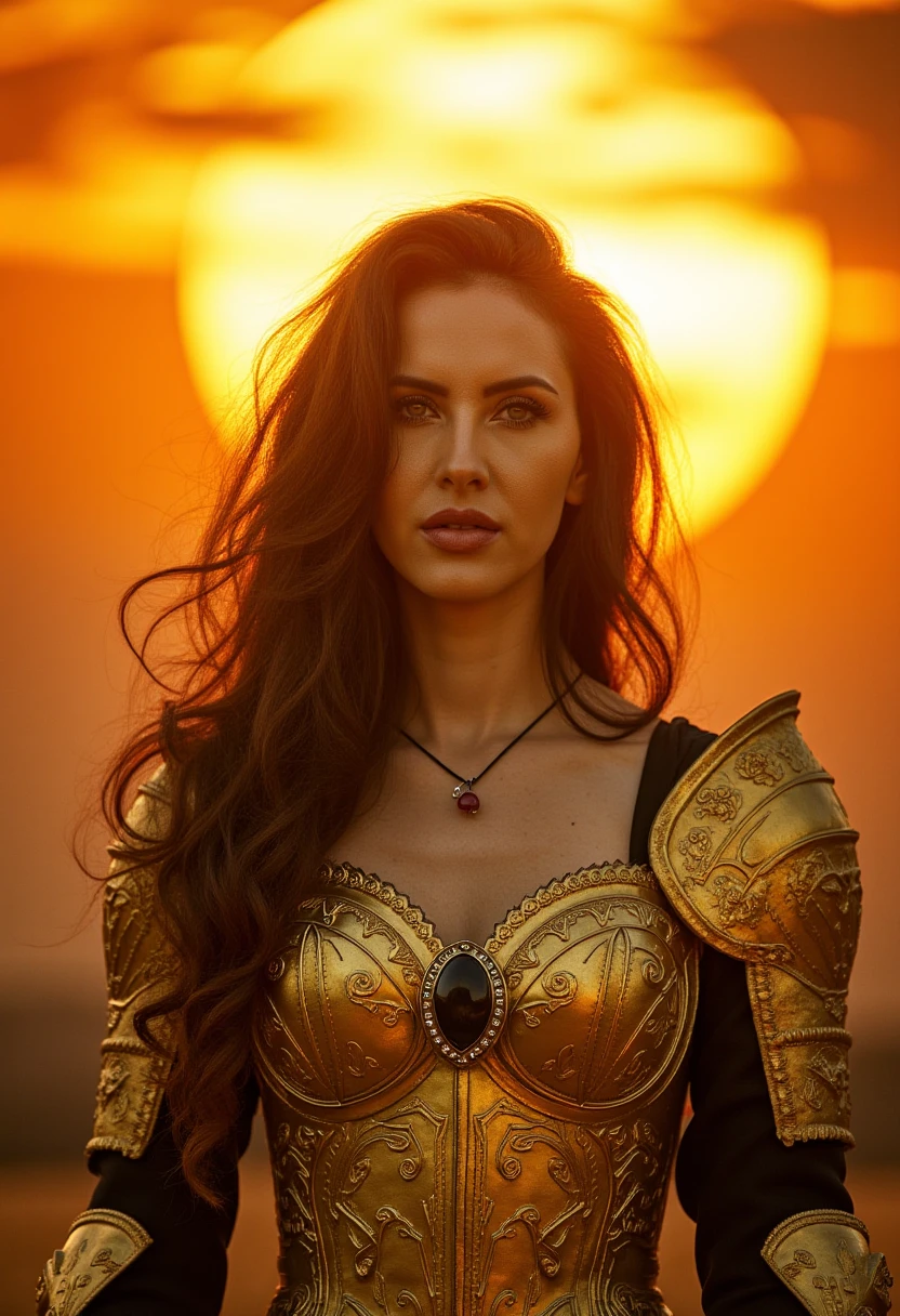 This is a highly detailed photograph of a regal woman with flowing, wavy hair. She stands confidently in the center of the image, adorned in elaborate, golden armor that covers her shoulders and chest, with intricate patterns and a large, central gemstone. Her armor has a mix of medieval and fantasy elements, with ornate details and a sense of ancient grandeur. The woman's expression is calm and powerful, with her lips slightly parted and her eyes focused directly at the viewer.

The background features a dramatic, fiery orange and yellow sky with a large, glowing, golden sun that casts a warm, ethereal light on the scene. The sun is partially obscured by clouds, adding to the mystical and otherworldly atmosphere. Small, glowing particles or sparks float around the woman, enhancing the sense of magic and power. The overall color palette is dominated by warm tones, with the golden armor and fiery sky contrasting beautifully with the woman's pale skin.

The image is highly detailed, with a focus on texture and depth, creating a sense of realism and fantasy simultaneously. The style is reminiscent of high-end photography, blending elements of fantasy and medieval aesthetics. J4SM1N