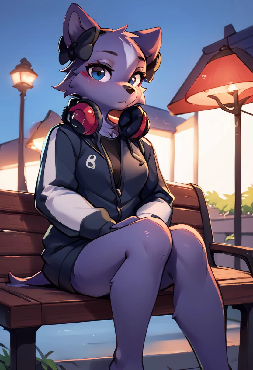 score_9, score_8_up, score_7_up, digital painting, anthro:1.1, solo, (female, 1 female, Shikabane, shikabane jacket, headphones around neck, black bows around ears), sitting on bench, knees together feet apart, looking at viewer, wideshot, night time, illuminated by street light