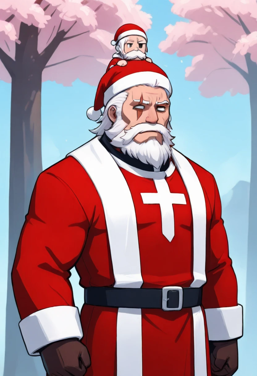 An old man in a priest's uniform standing under a cherry tree with a Santa hat on his head,red dress,a red hat,<lora:reinhardt-ill:0.8>,reinhardt,scar across eye,One eye is blind,beard,white hair,
