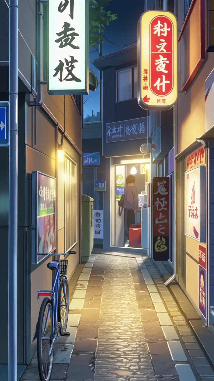 anime screencap in yn artstyle, A nighttime scene of a narrow alleyway, likely in an Asian city, given the presence of a signboard with Japanese characters. The alley is illuminated by a warm, ambient light, casting a soft glow on the wet cobblestone path. A bicycle is parked to the left, and a person is seen entering the entrance of the establishment, possibly a shop or a restaurant. The walls of the alley are adorned with various signs and advertisements, predominantly in Japanese characters, and are painted in muted tones of blue, red, and gray. The atmosphere is quiet and intimate, with the play of light and shadow adding depth and drama.