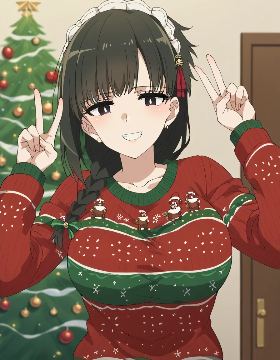 score_9, score_8_up, score_7_up, source_anime, <lora:kimimeido-yuki-s1-ponyxl-lora-nochekaiser:1>, kimimeido yuki, long hair, black hair, hair ornament, braid, black eyes, single braid, white pupils, large breasts, hair over shoulder, anime screencap,, <lora:christmas-sweater-ponyxl-lora-nochekaiser:1>, christmas sweater, christmas, ugly sweater, print sweater, red sweater, christmas tree, christmas ornaments, sweater, multicolored sweater, , v, smile, hands up, teeth, closed eyes, cowboy shot,, , dutch angle, cowboy shot