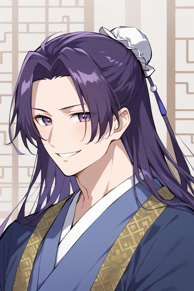 1boy,solo,male focus,jinshi,purple hair,long hair,purple eyes,hair bun,chinese clothes,smile
