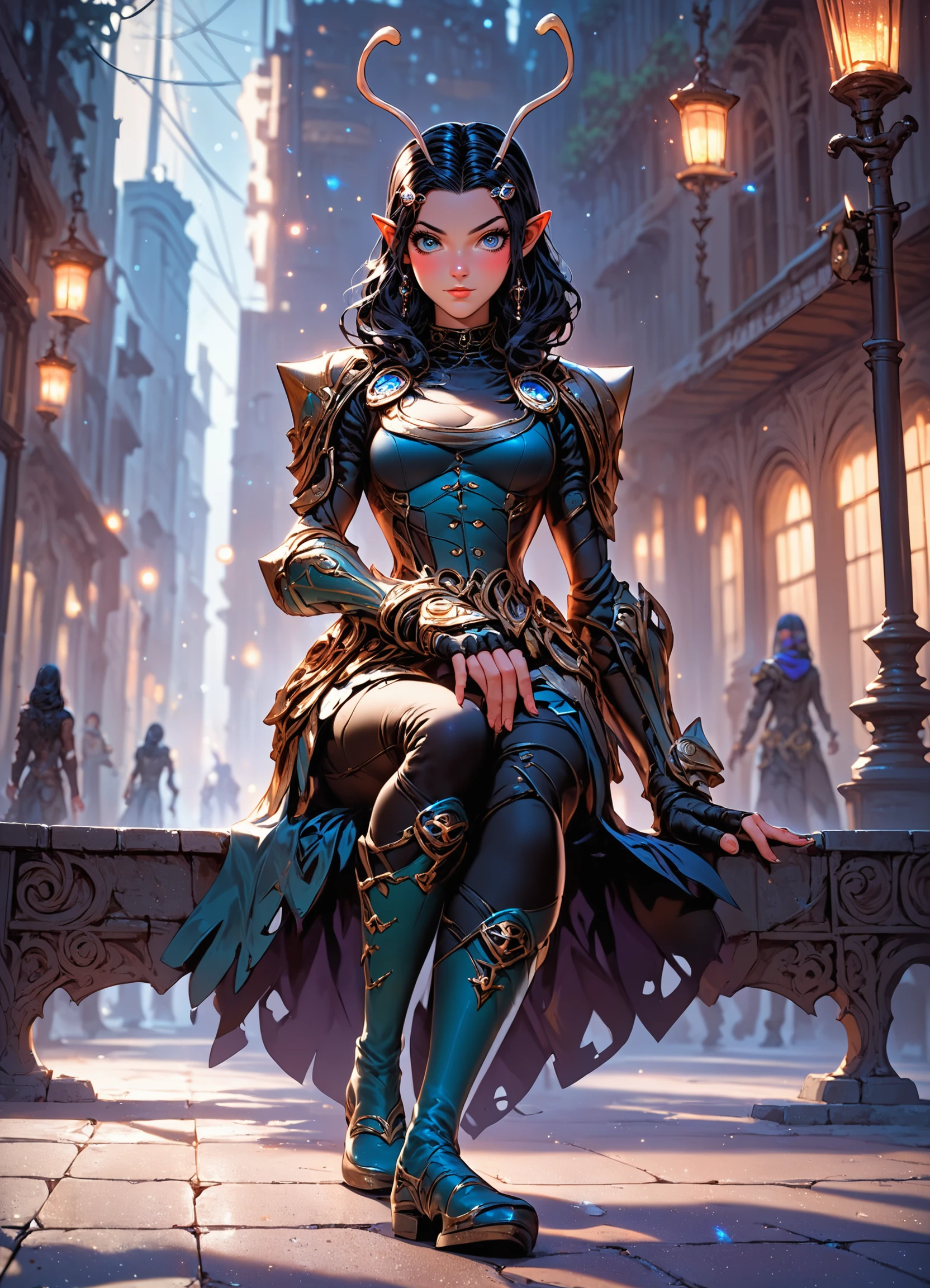 score_9, score_8_up, score_7_up,  BREAK source_anime, c3lrpg,city street, sitting on sidewalk..,black hair, antennae, m4nt1s, 1girl, solo, pointy ears, gloves, fingerless gloves, long hair, looking at viewer, armor, boots,,