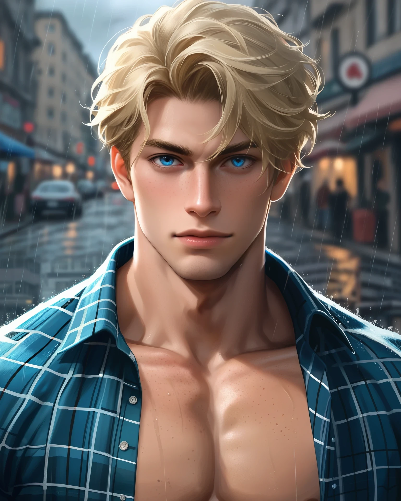 (zPDXL2), 8K,score_9,score_8_over,score_7_over,yaoi,1 boys,homosexual,detailed,very short hair,blonde hair,freckles,blue eyes,freckles,freckles on body,broad muscular shoulders,pectoral muscles,abs,vascular biceps and triceps,flannel shirt,cute,blonde,boyish face,cute face,perspective above,looking at viewer,rain,cloudy sky,rain street, Glamour Shots_PDXL