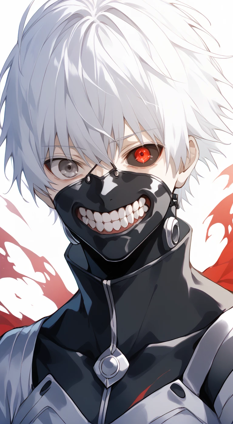 1boy,solo,male focus,kaneki,kaneki ken,white hair,short hair,grey eyes,bodysuit,torn clothes,upper_body,open mouth,white pants,red eyes,black sclera,heterochromia,mouth mask,teeth,close mouth,cowboy shot