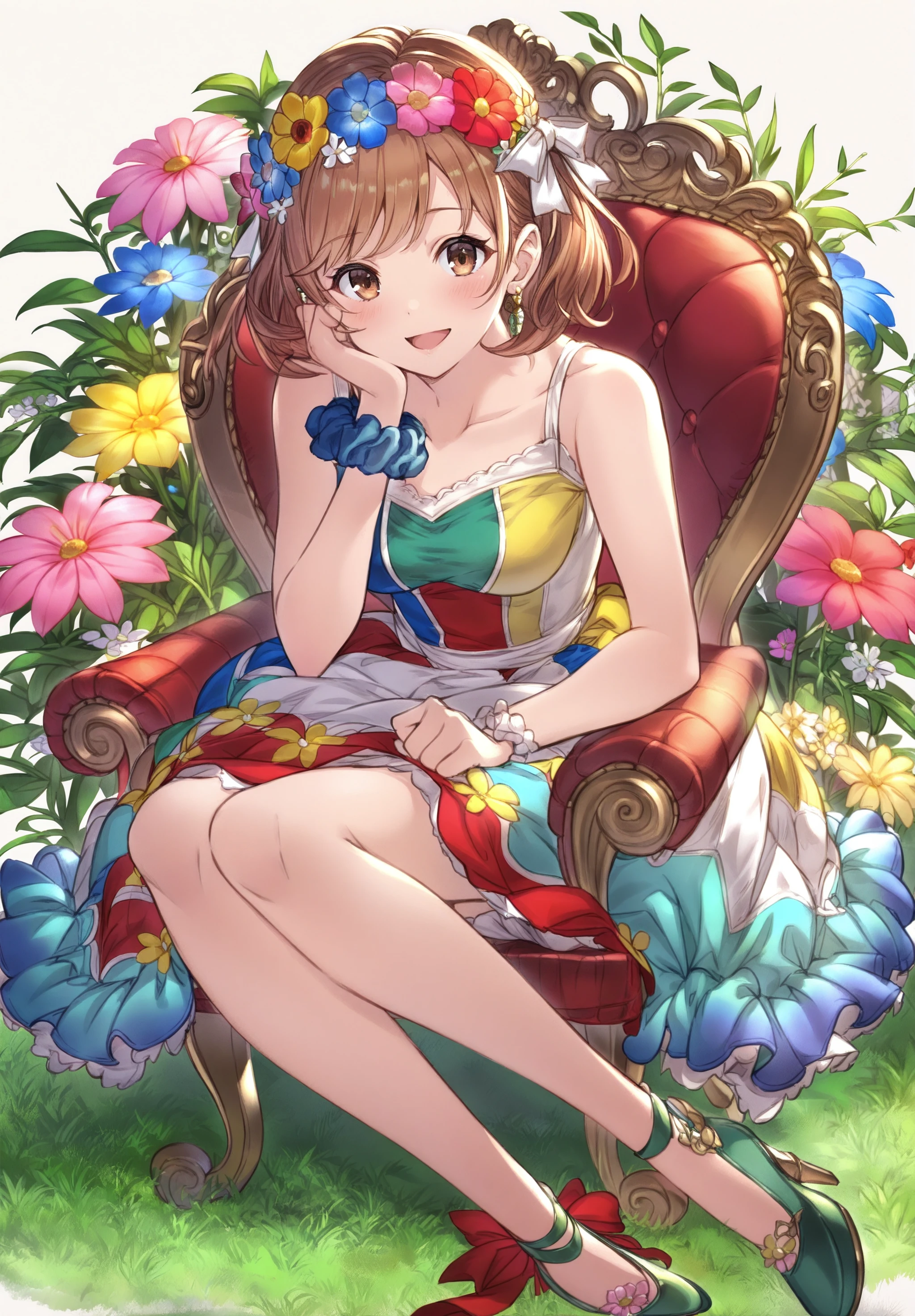 highres,absurdres,masterpiece,best quality,<lora:Granblue Fantasy XLV2:1>,1girl,bare shoulders,blue flower,blue scrunchie,blush,bow,breasts,brown eyes,brown hair,chair,collarbone,dot nose,dress,earrings,flower,flower wreath,green footwear,hair bow,hair flower,hair ornament,hair ribbon,head rest,high heels,jewelry,looking at viewer,medium breasts,multicolored clothes,multicolored dress,on flower,open mouth,pink flower,red flower,ribbon,scrunchie,short hair,sitting,smile,solo,white ribbon,wrist scrunchie,yellow flower,yokozuwari,