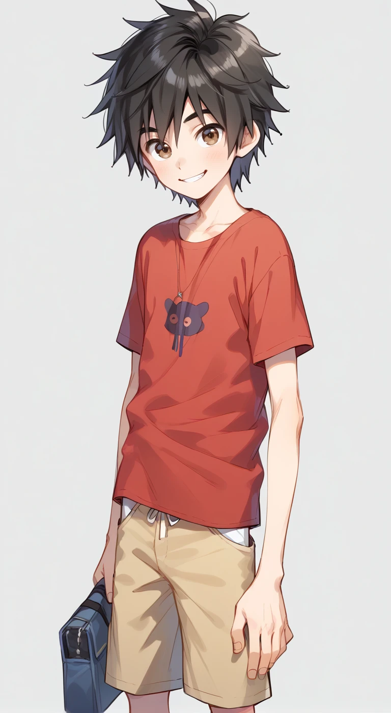 1boy,solo,male focus,hiro hamada,black hair,brown eyes,red t-shirt,shorts,smile